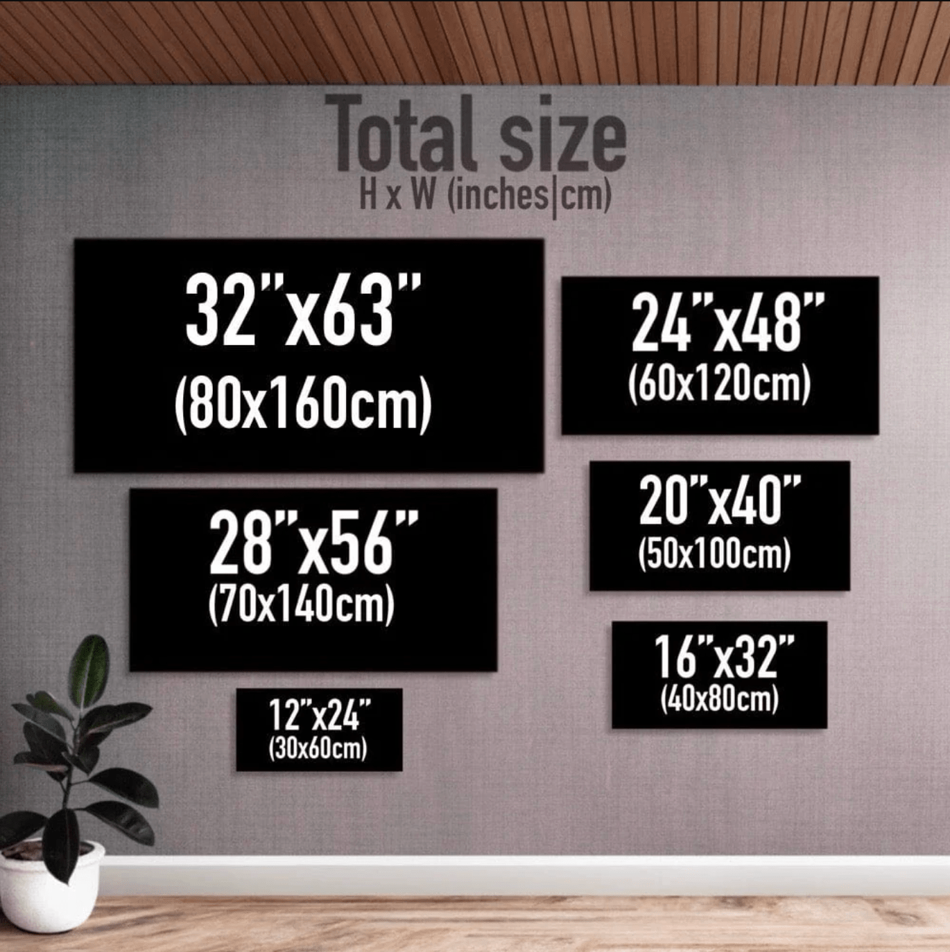 Wall with various size measurements displayed in inches and centimeters.