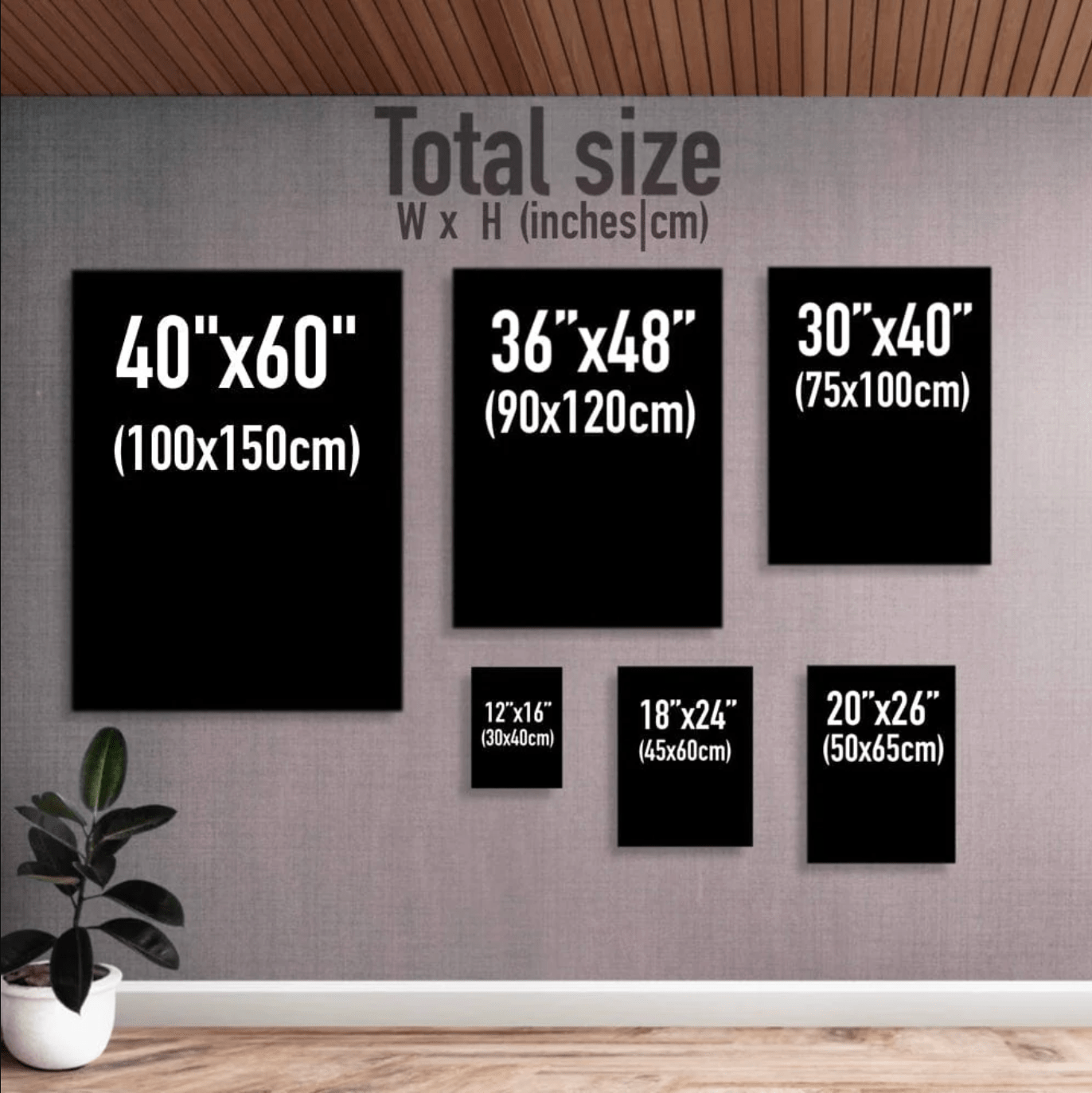 Wall with various size measurements of black frames displayed on a gray wall.