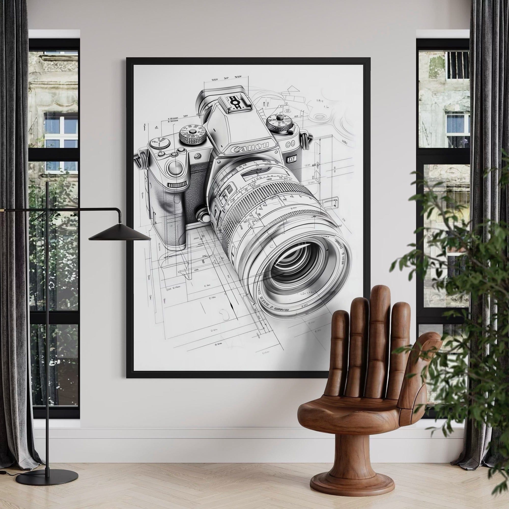 Photographer studio interior with camera schematic wall art