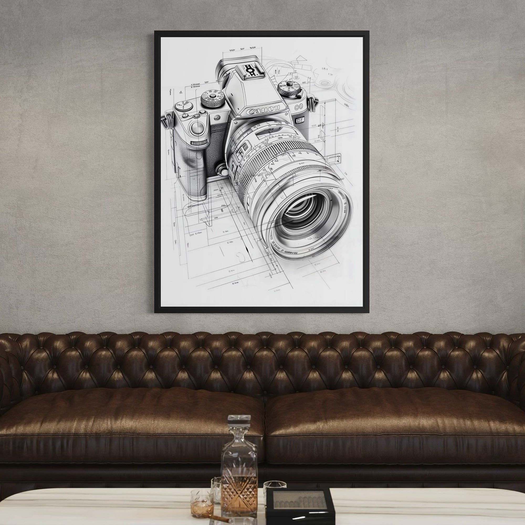 Art print showing blueprint measurements behind camera sketch