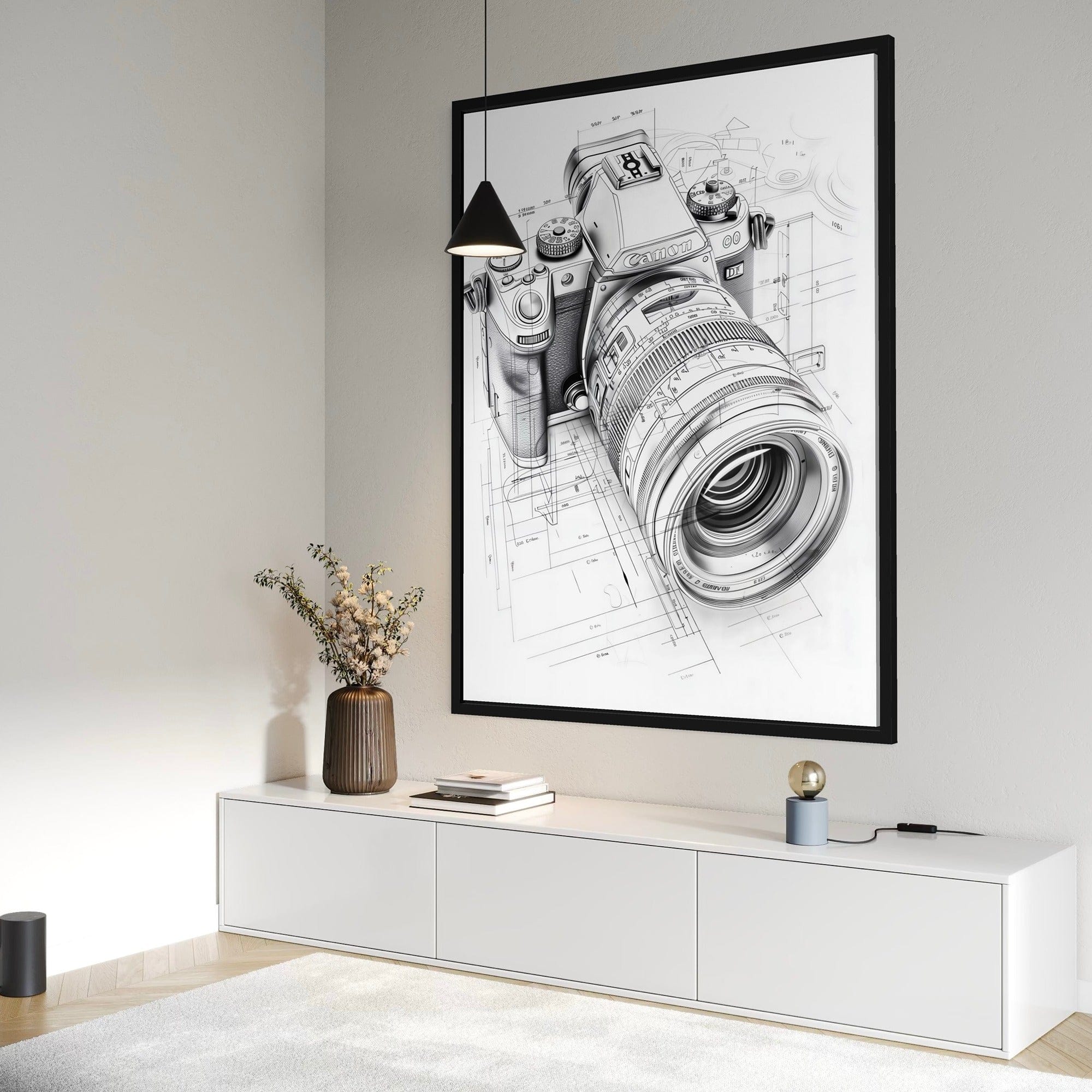 Office décor scene featuring camera drawing canvas