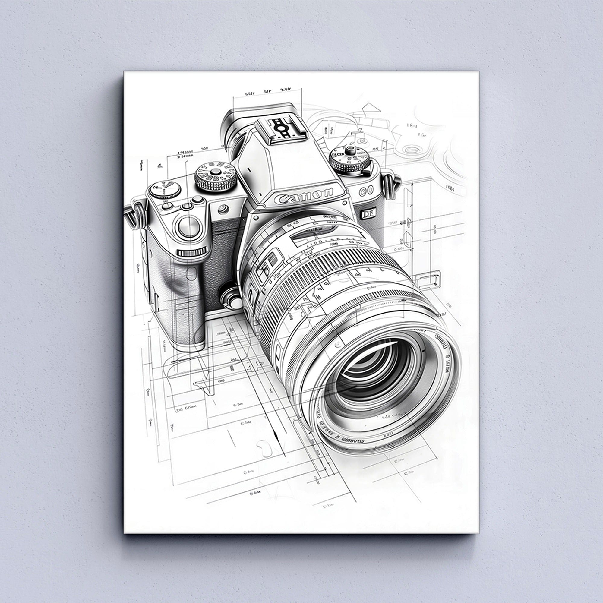 Horizontal variant mockup of camera blueprint wall art