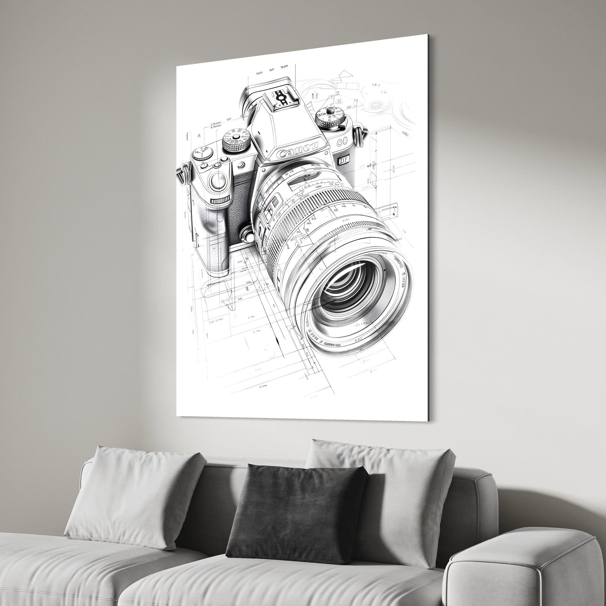 Canvas back and hanging hardware for camera sketch print