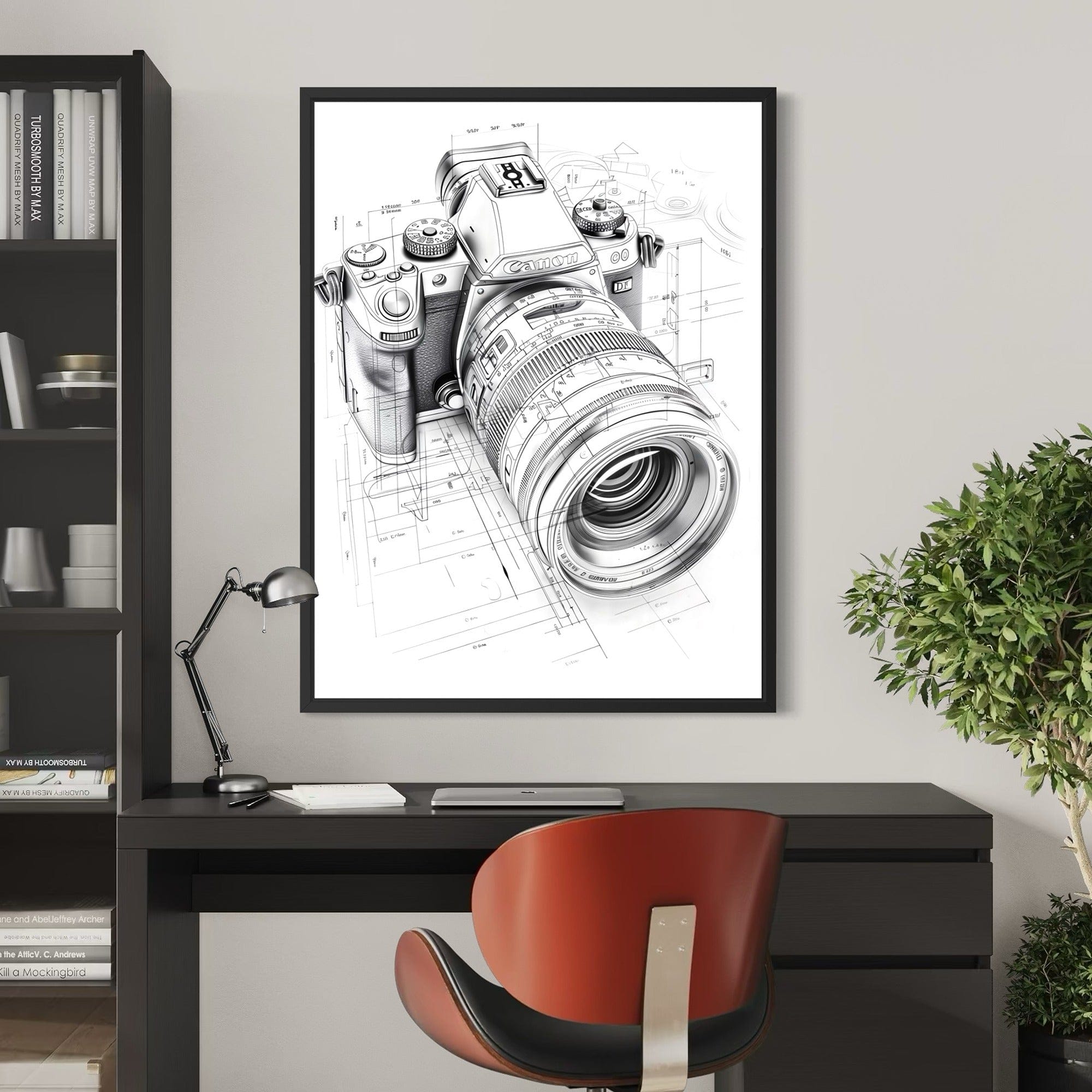Size scale view of portrait camera blueprint canvas above desk