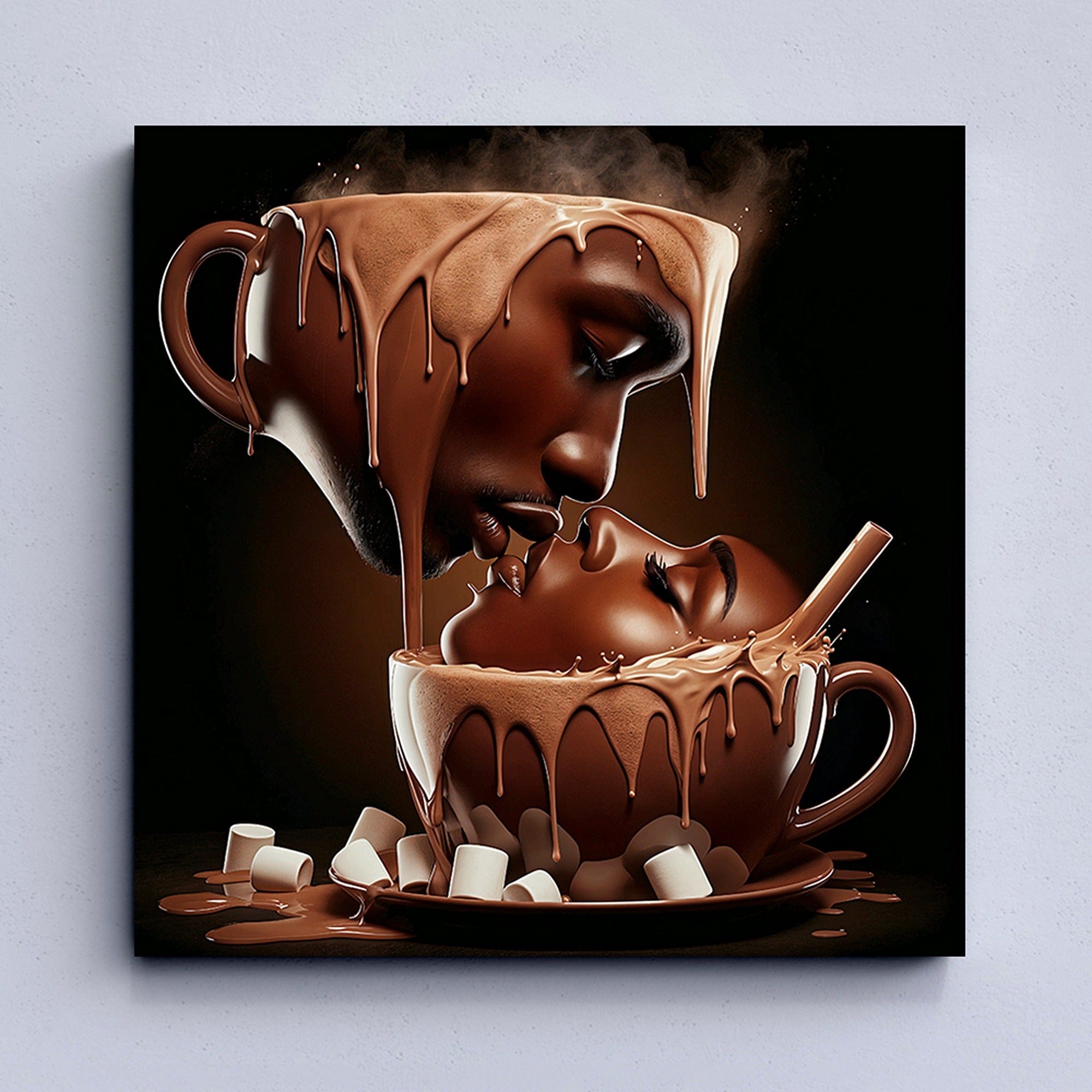 Chocolate kiss coffee canvas wall art displayed in modern kitchen interior
