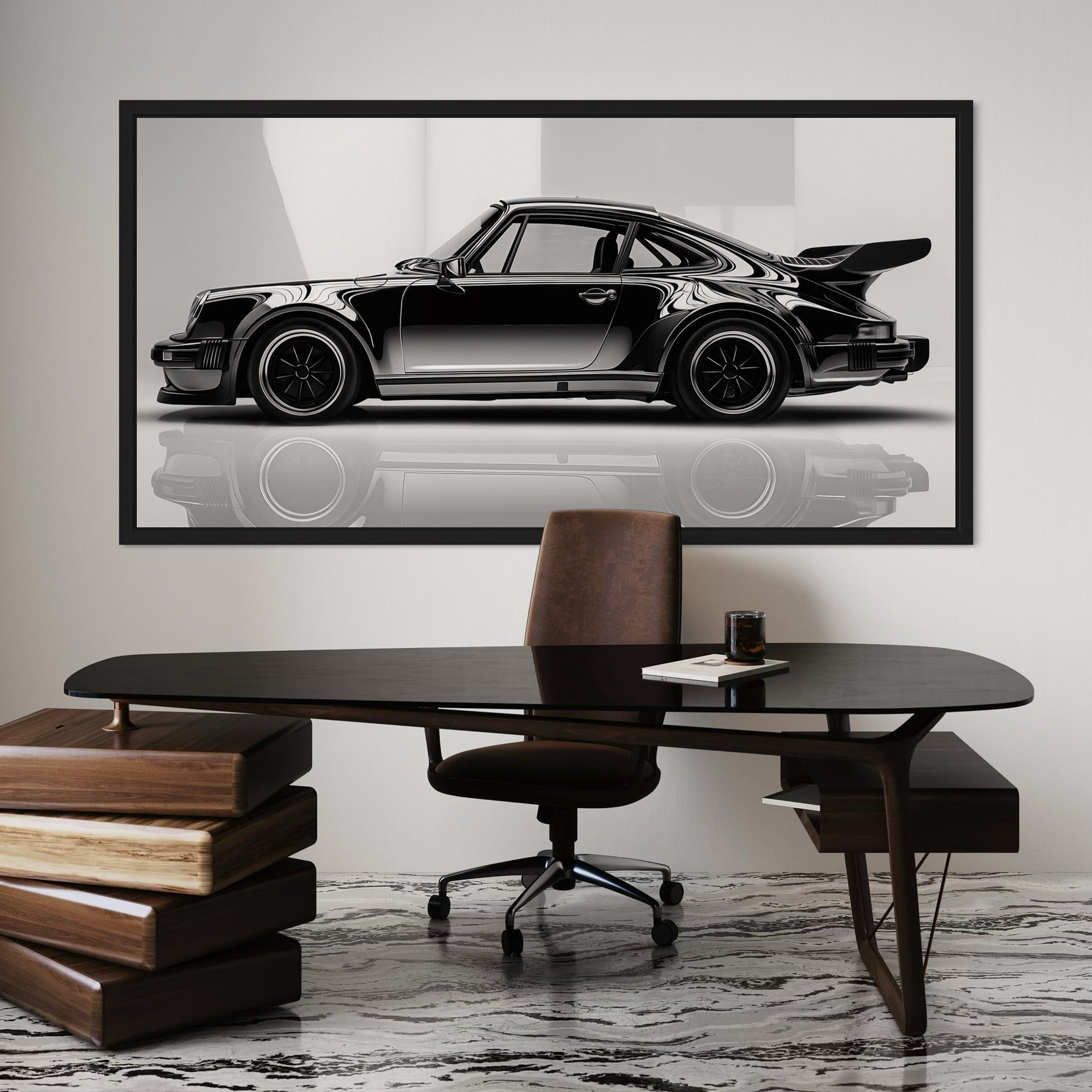 Back view of stretched wooden frame construction of panoramic canvas wall art