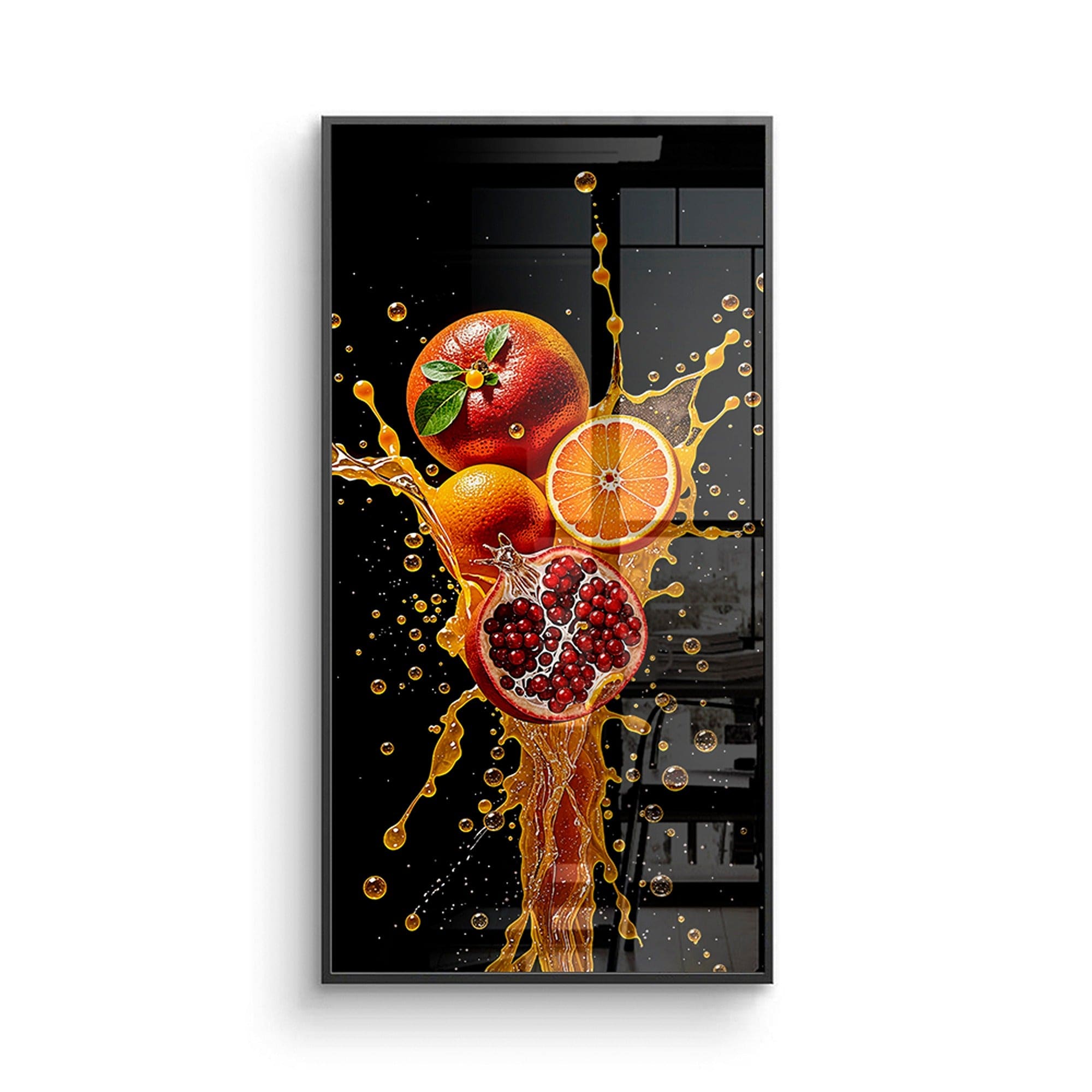 Close-up of juicy orange slice and pomegranate seeds bursting in liquid