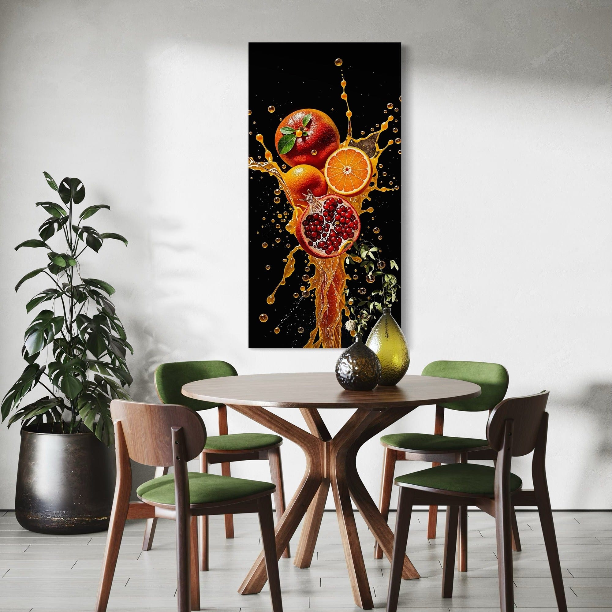 Framed citrus & pomegranate splash canvas hanging in modern kitchen