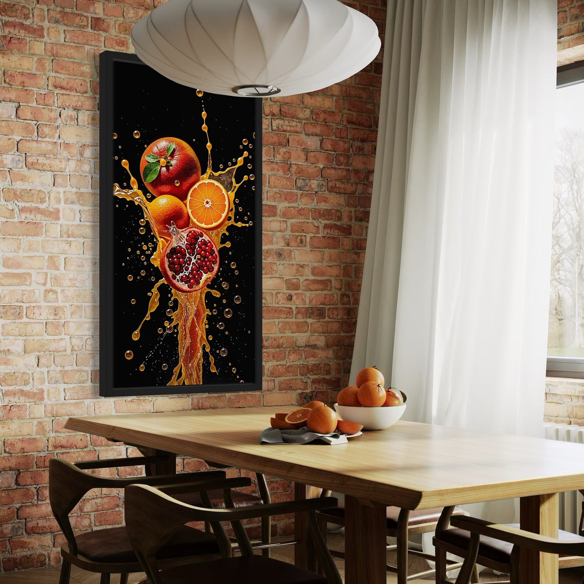 Vertical kitchen canvas with orange juice splash and red pomegranate
