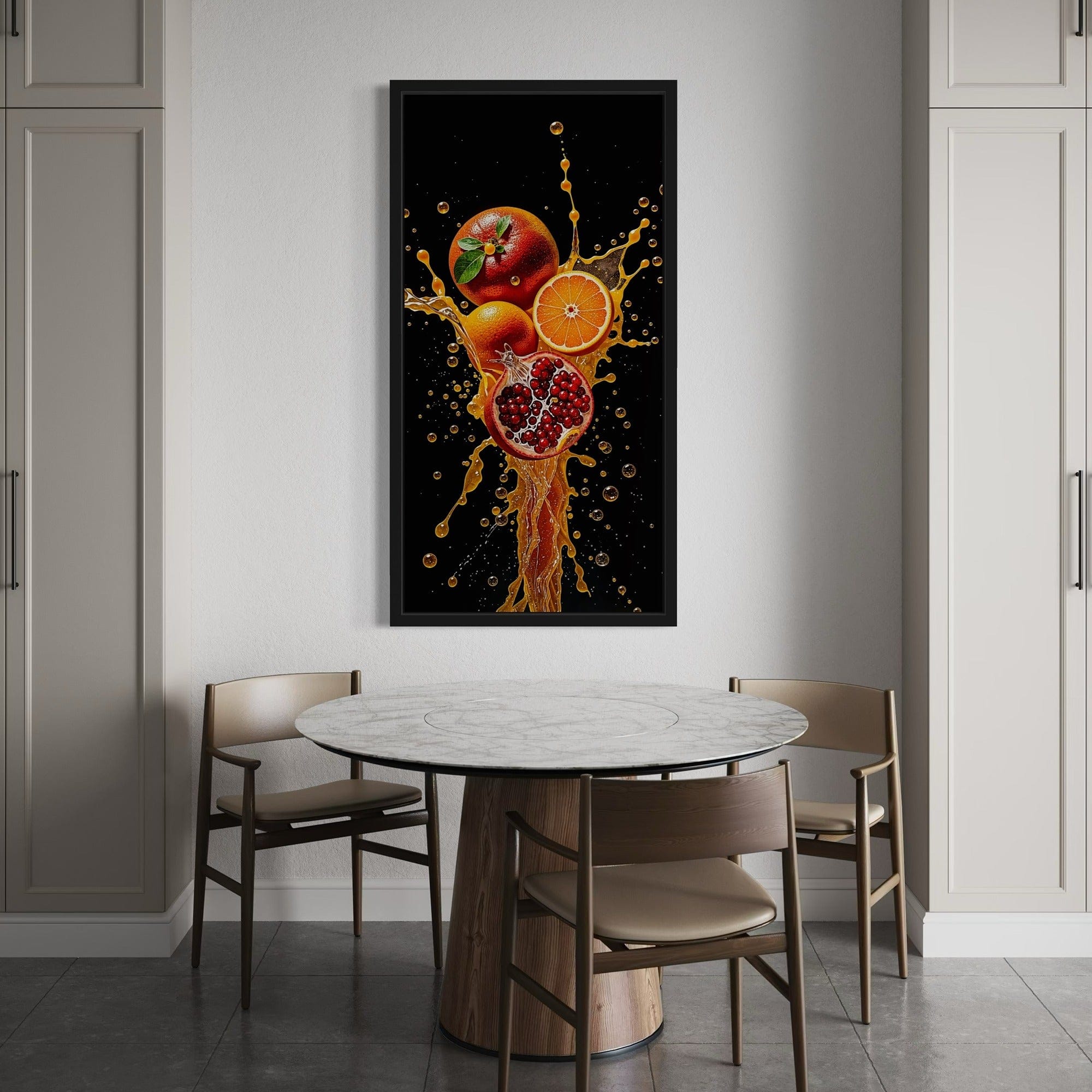 Bar area decor with bold citrus & pomegranate wall art print