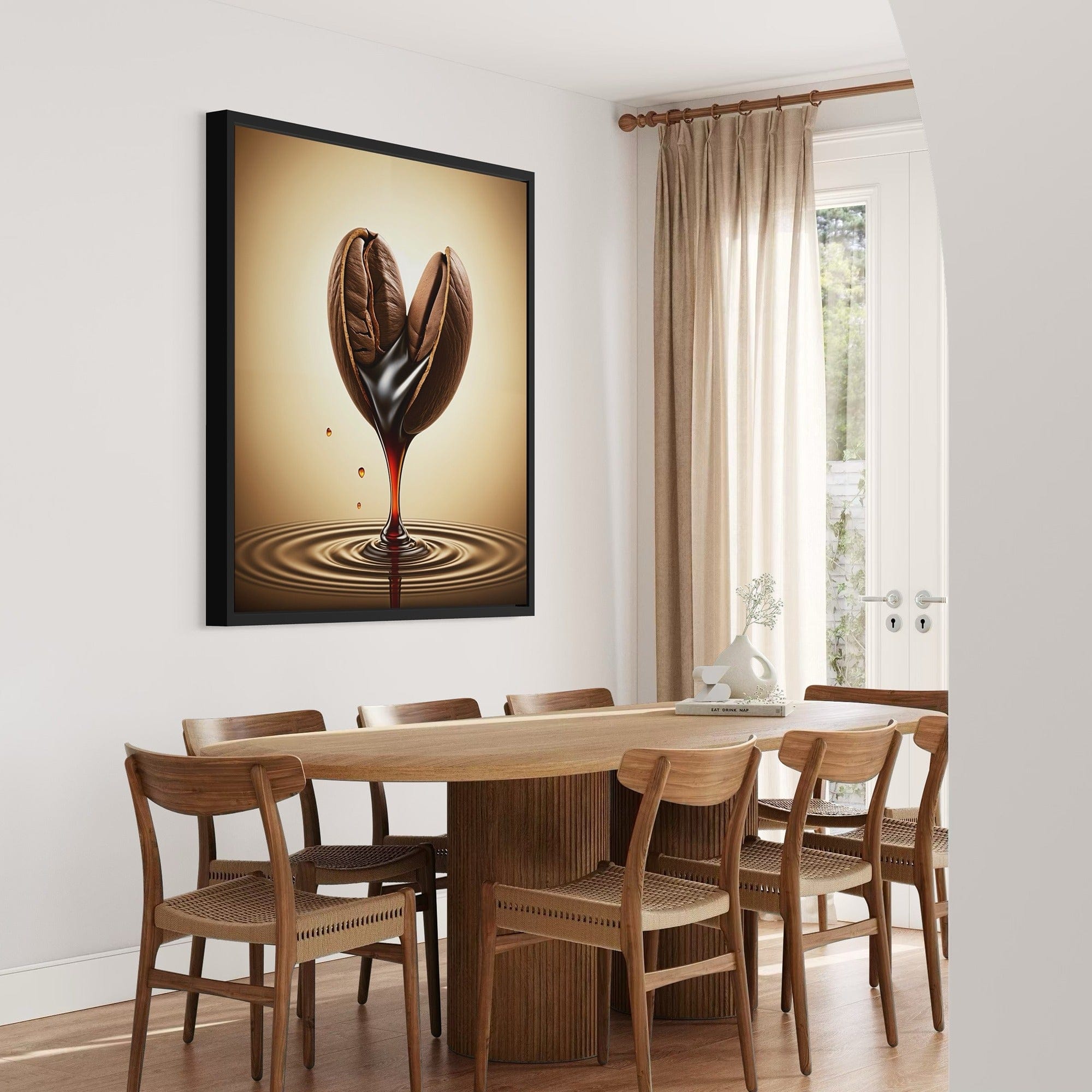 Large coffee canvas art showing scale above modern dining room setup