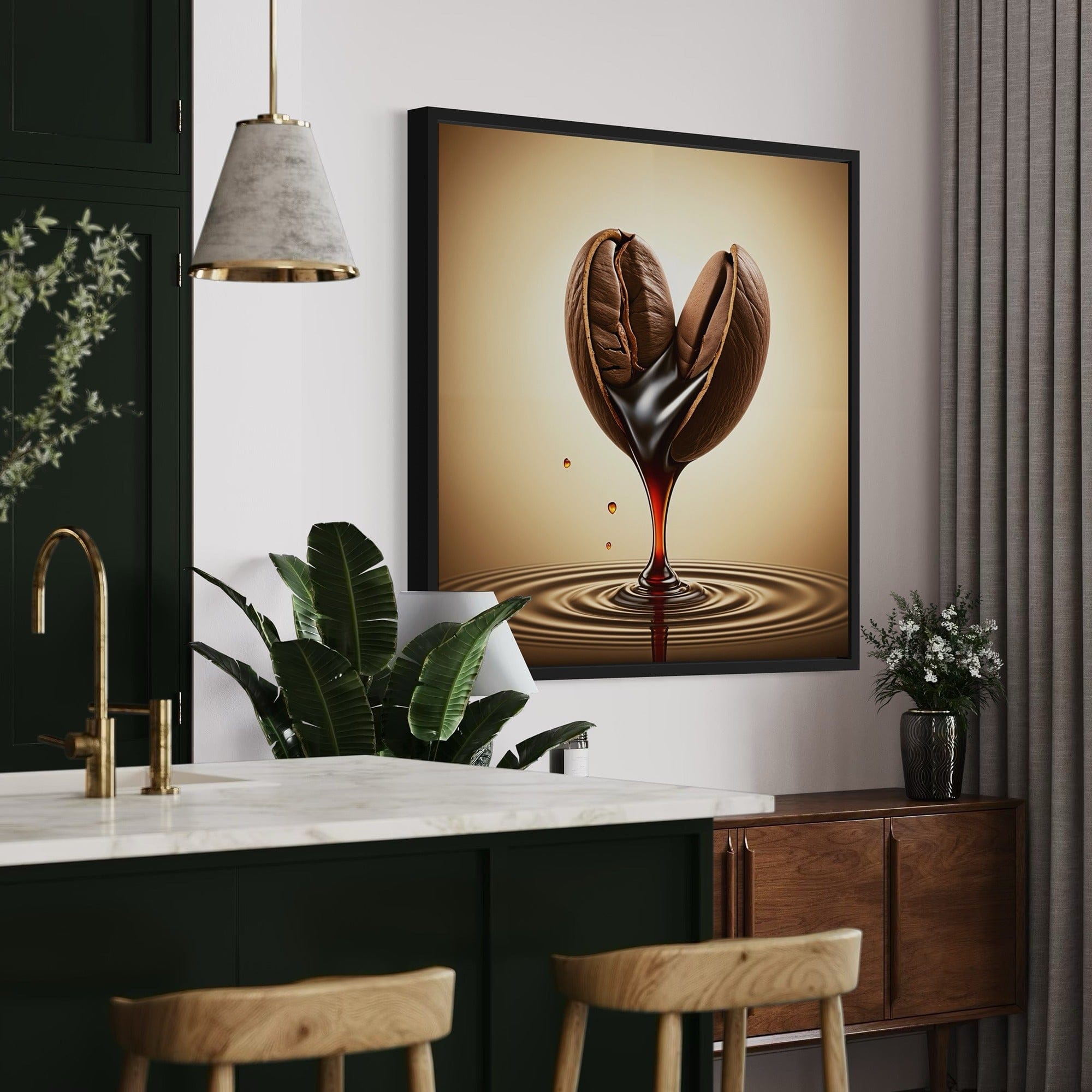 Modern kitchen decor featuring coffee bean canvas artwork