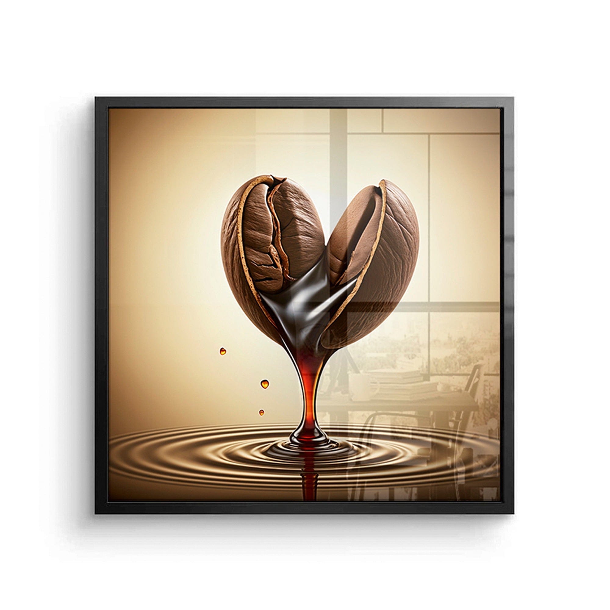 Close up detail of heart shaped coffee bean pouring espresso canvas print