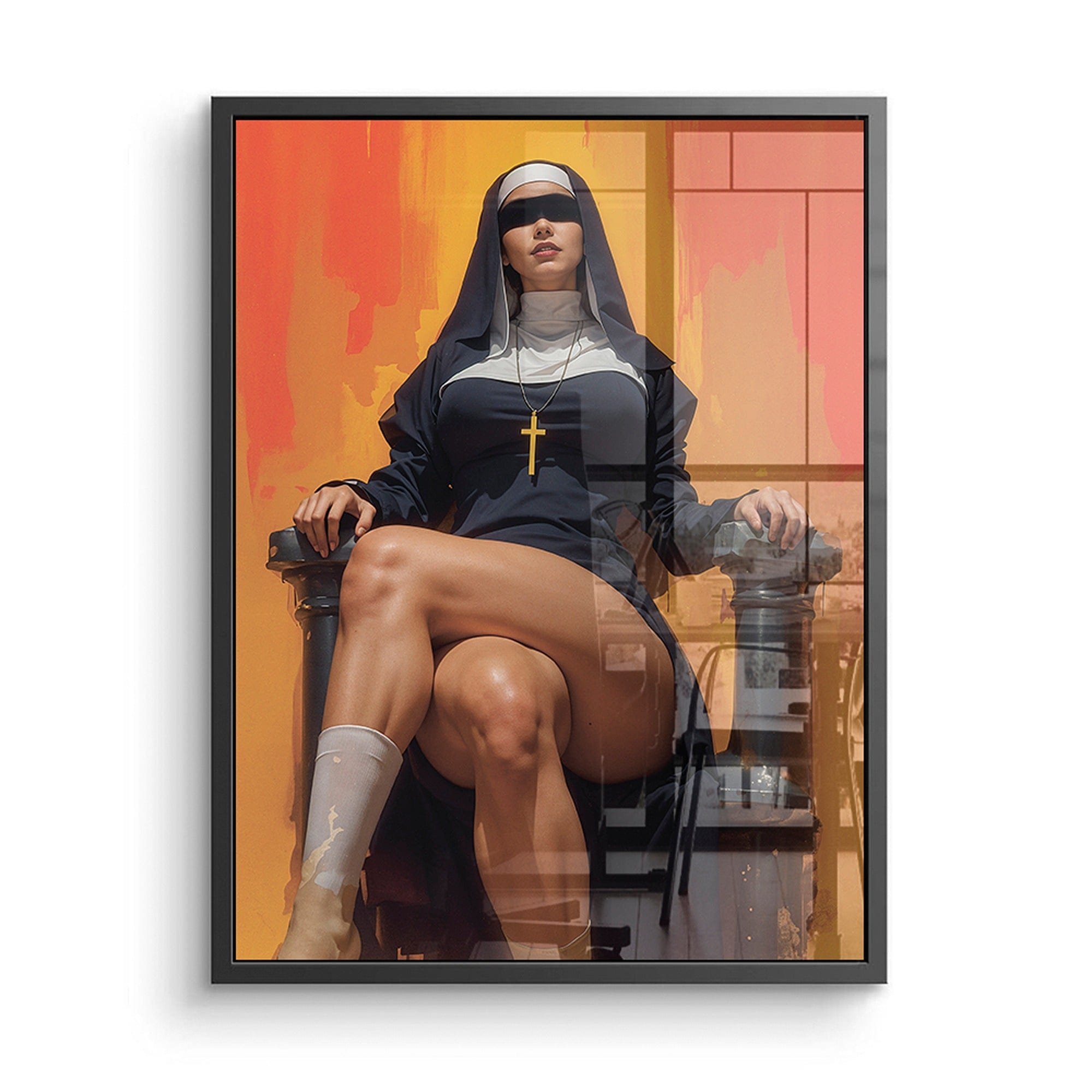 Modern nun artwork with gold cross canvas