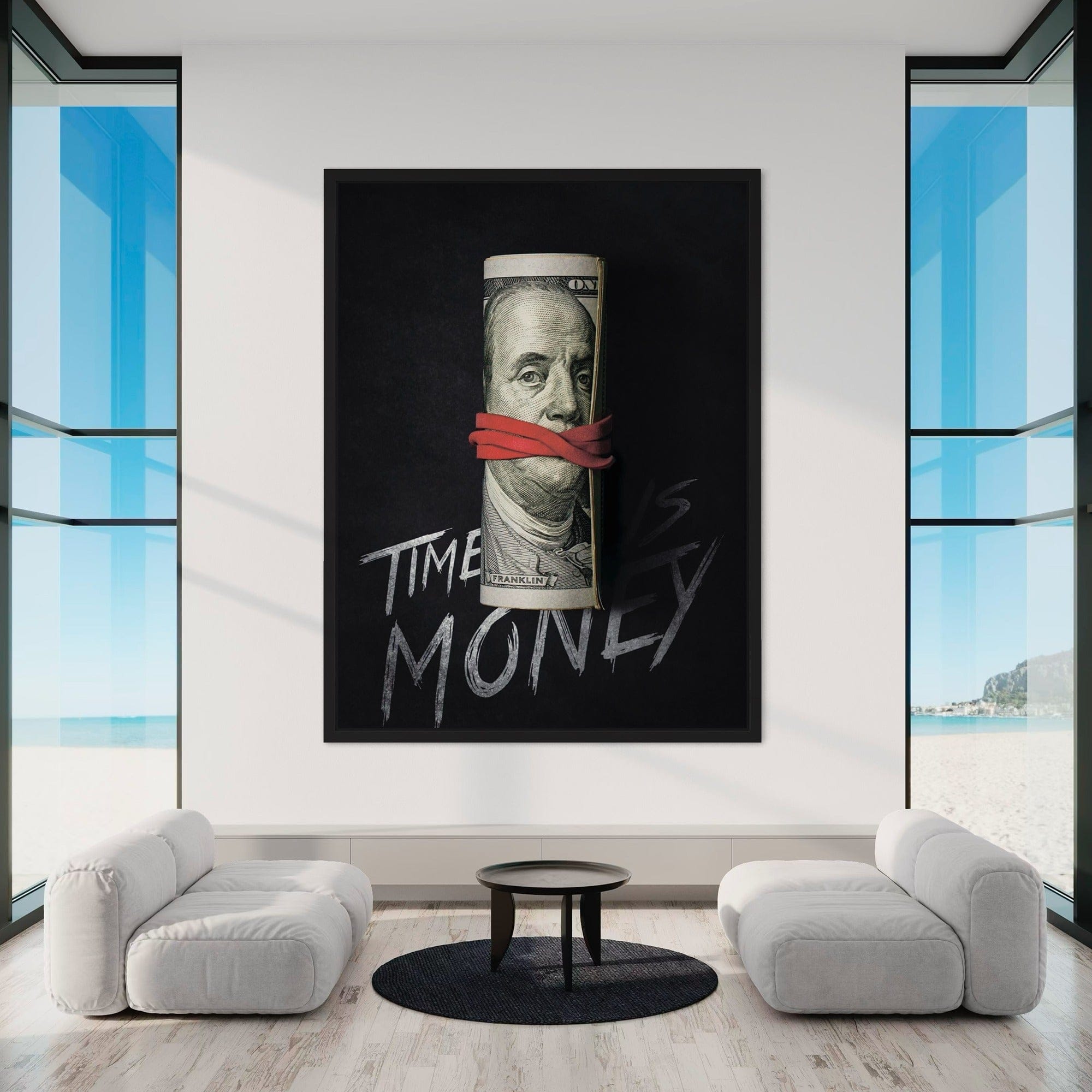 Large motivational money canvas art showing scale above modern office desk