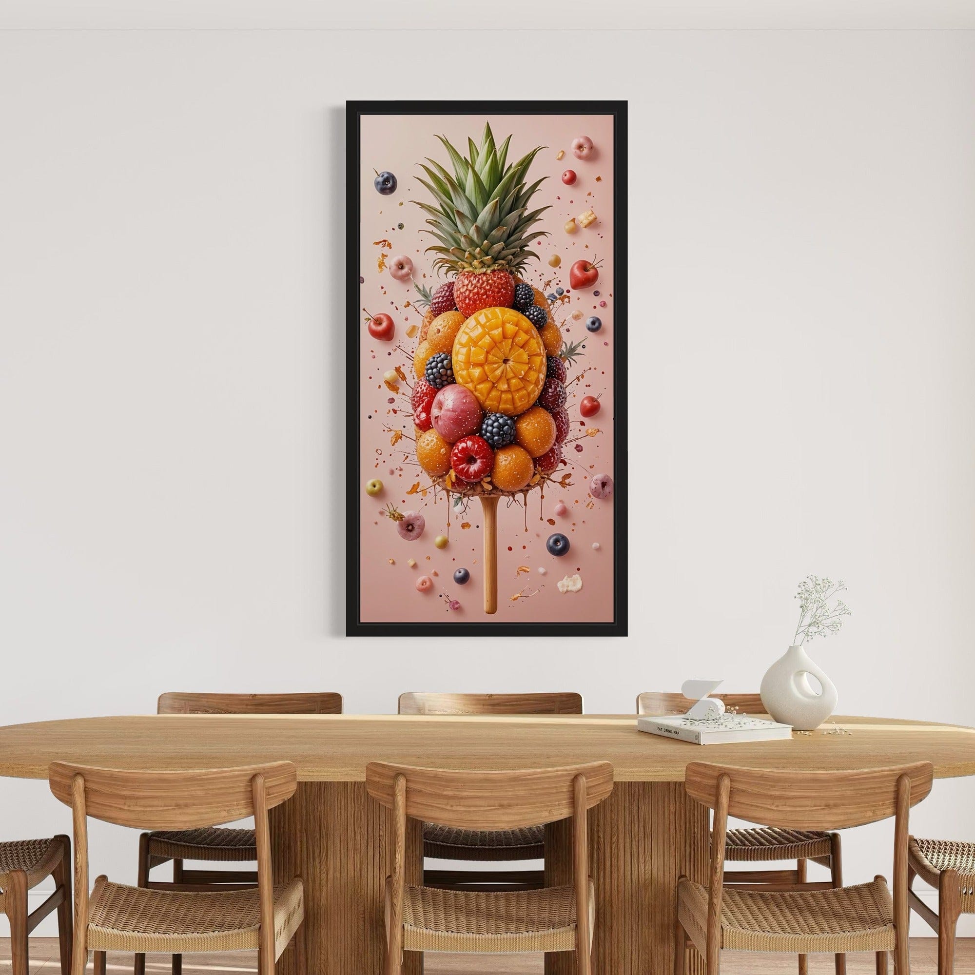 Colorful fruit splash canvas on pastel pink