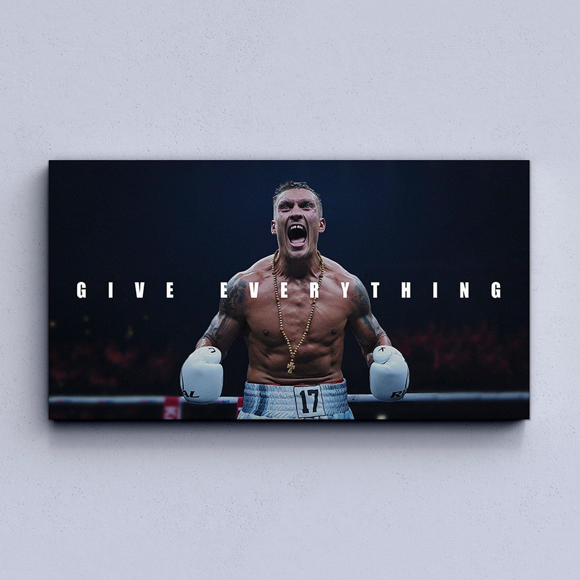 Detailed texture of boxing gloves and athlete muscles on premium canvas print