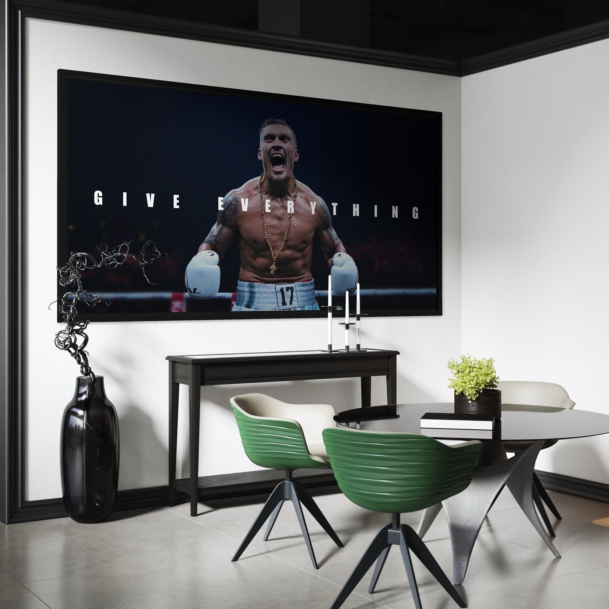 Back view of large panoramic boxing wall art ready to hang