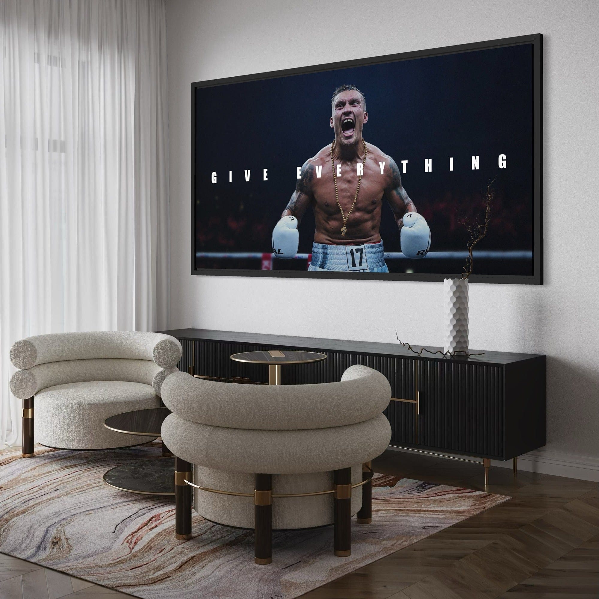 Wide horizontal boxing canvas showing scale above modern sofa