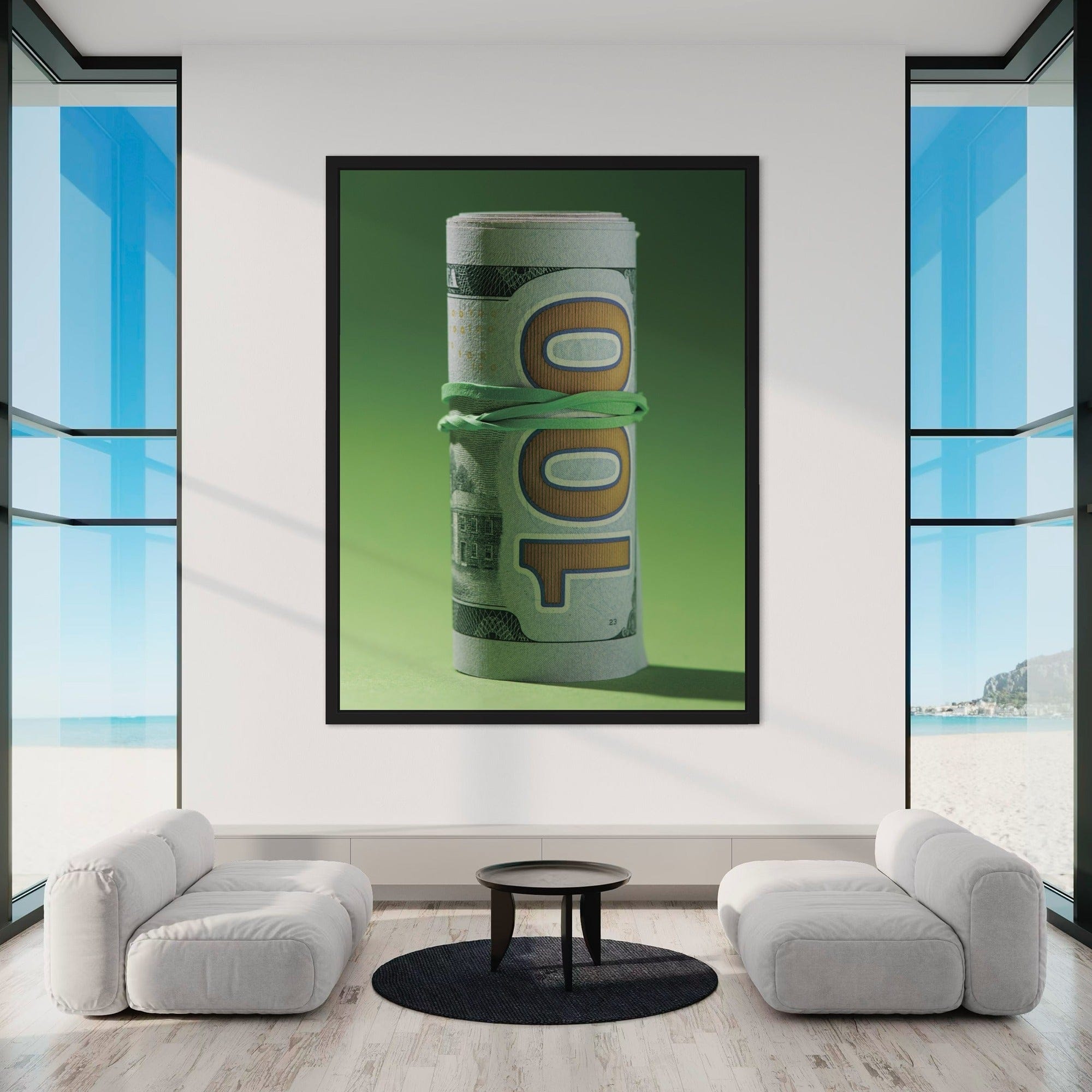 Stylish office interior mockup with dollar themed wall decor