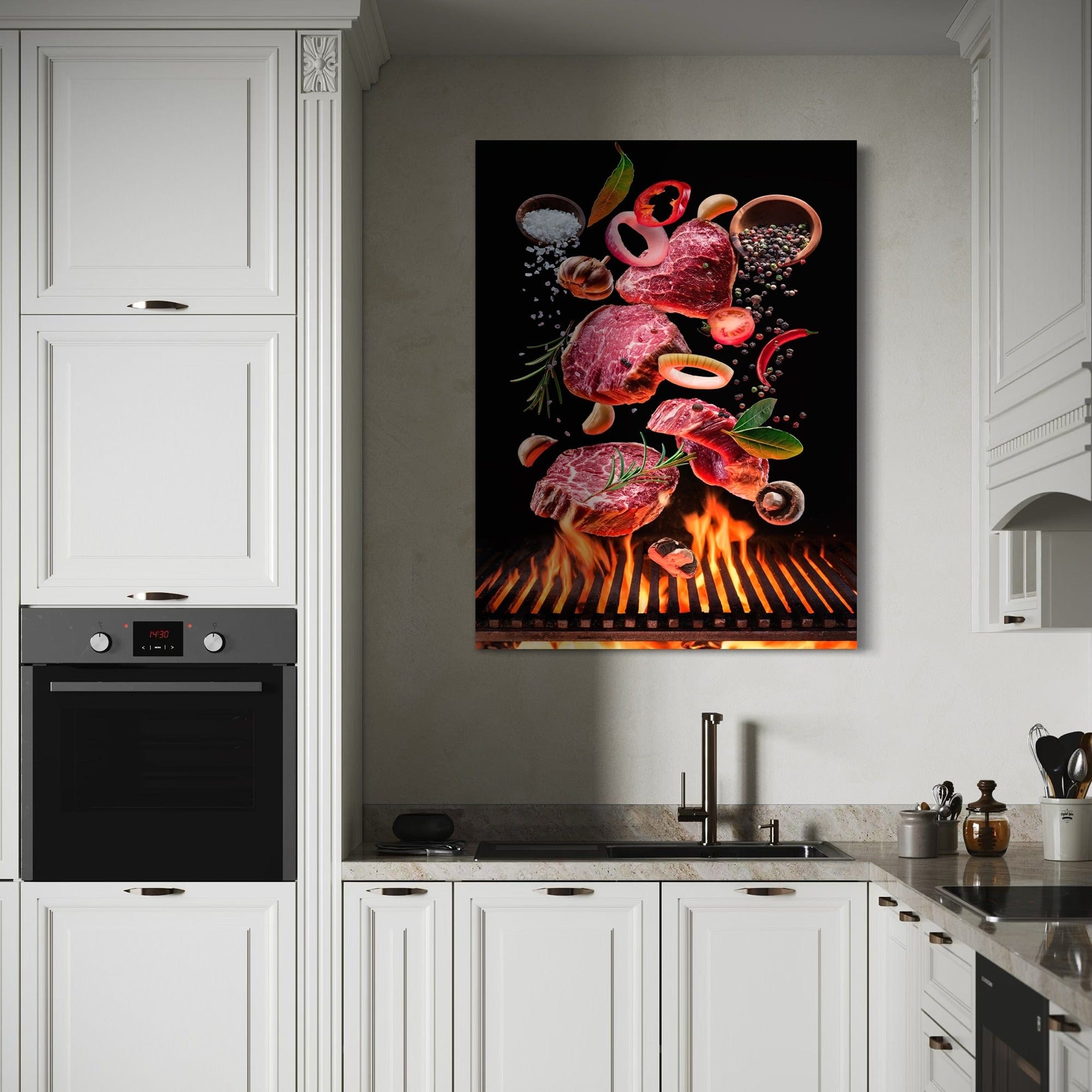 Flying steaks with spices kitchen decor print
