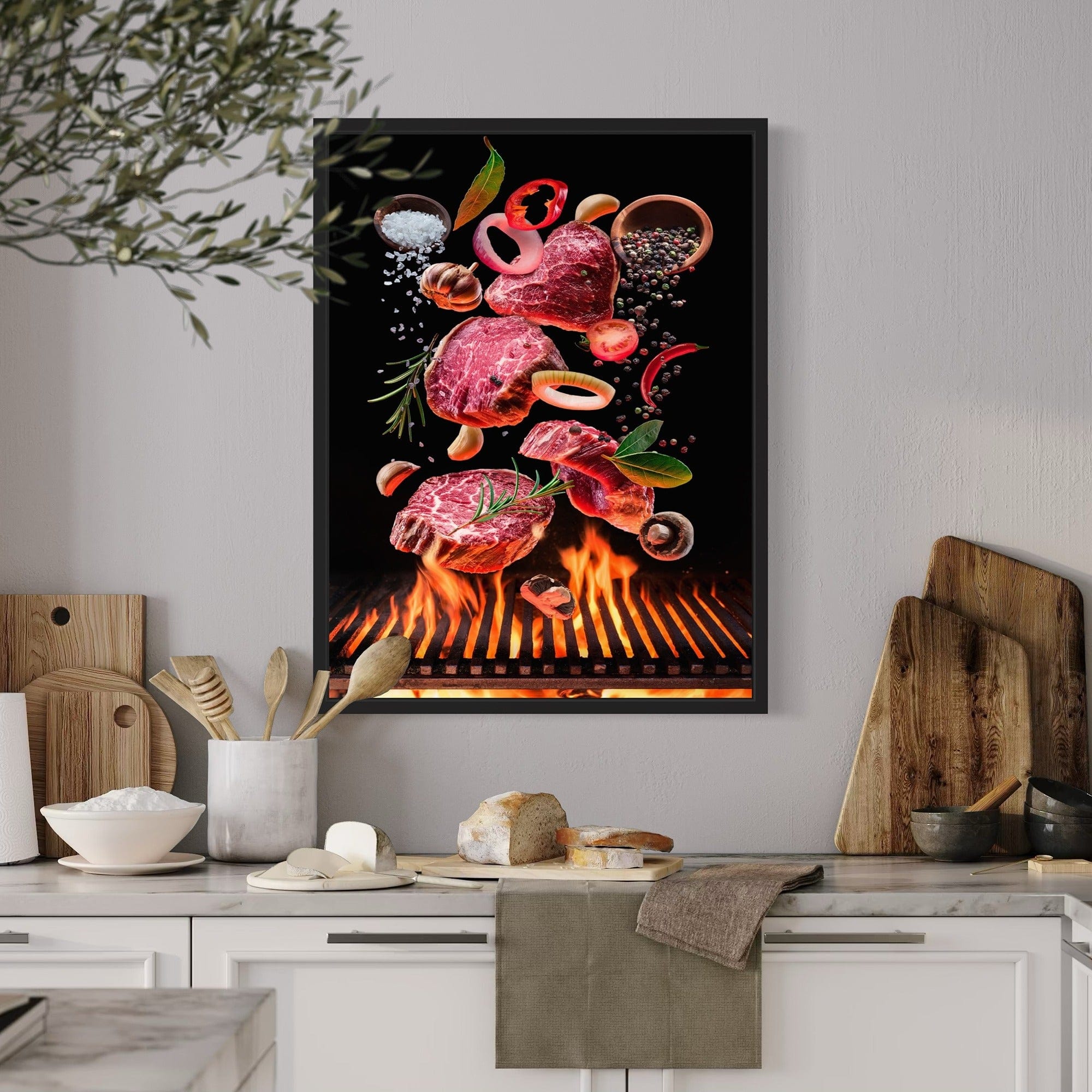 Steakhouse decor canvas print with flames