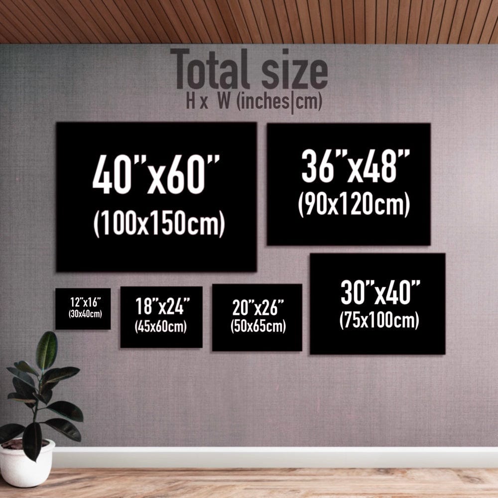 Wall with various size measurements displayed in inches and centimeters