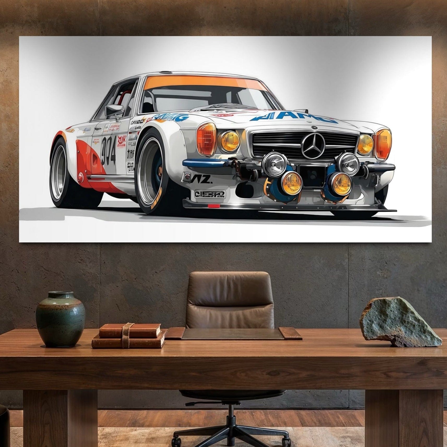 Mercedes race car canvas wall art displayed in modern garage interior