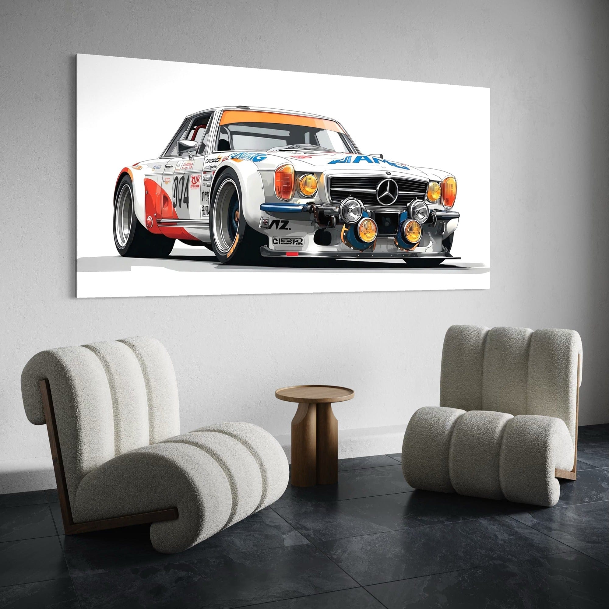 Detailed texture of classic Mercedes race car body and headlights on canvas