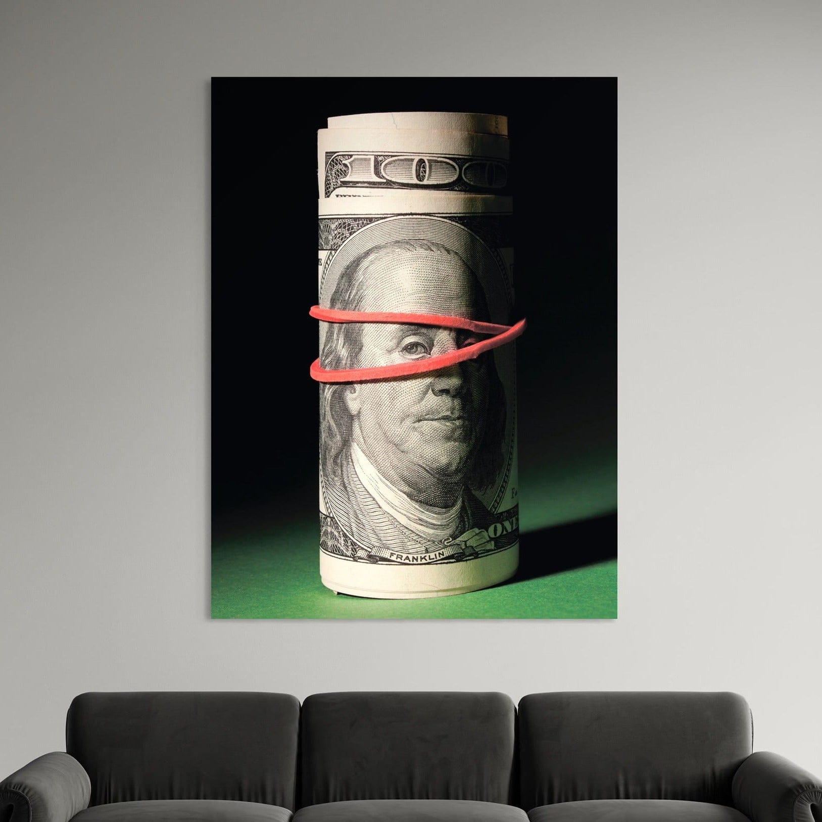 Benjamin Franklin money canvas wall art displayed in modern office interior