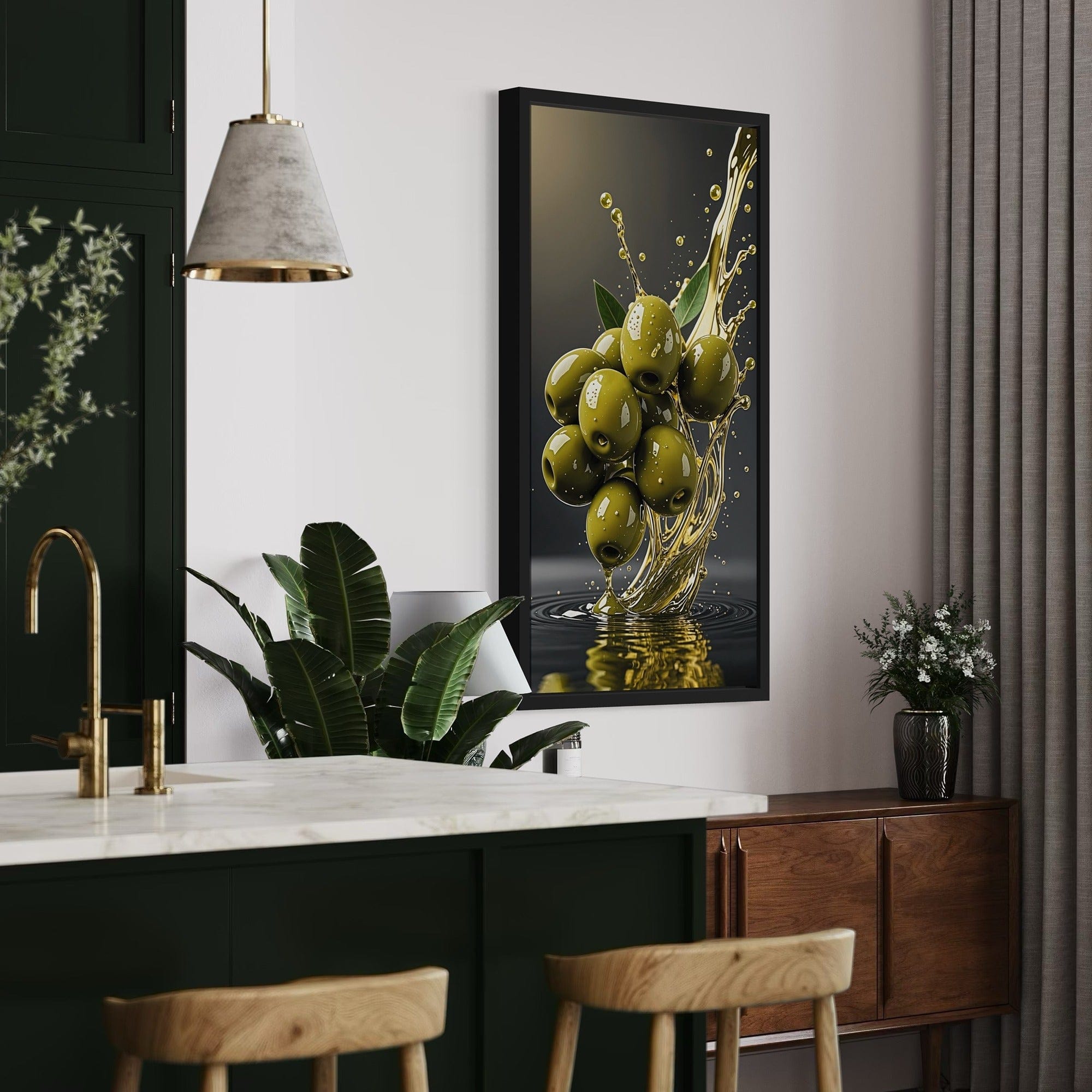 restaurant décor scene with olive splash wall art