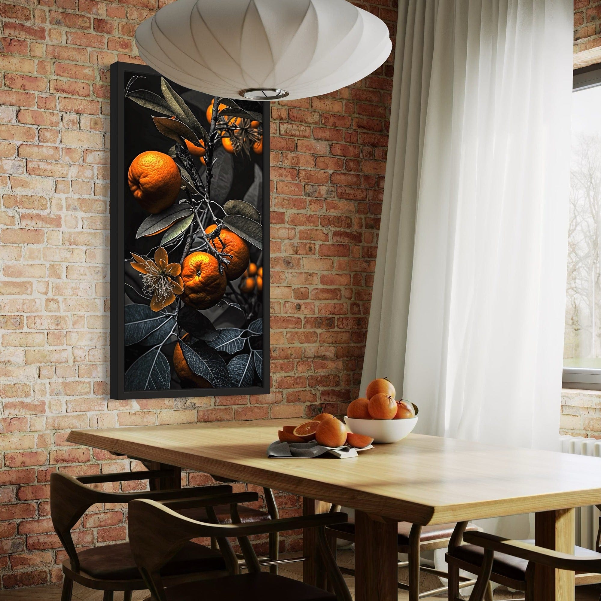 Tangerines with blossoms on dark background print