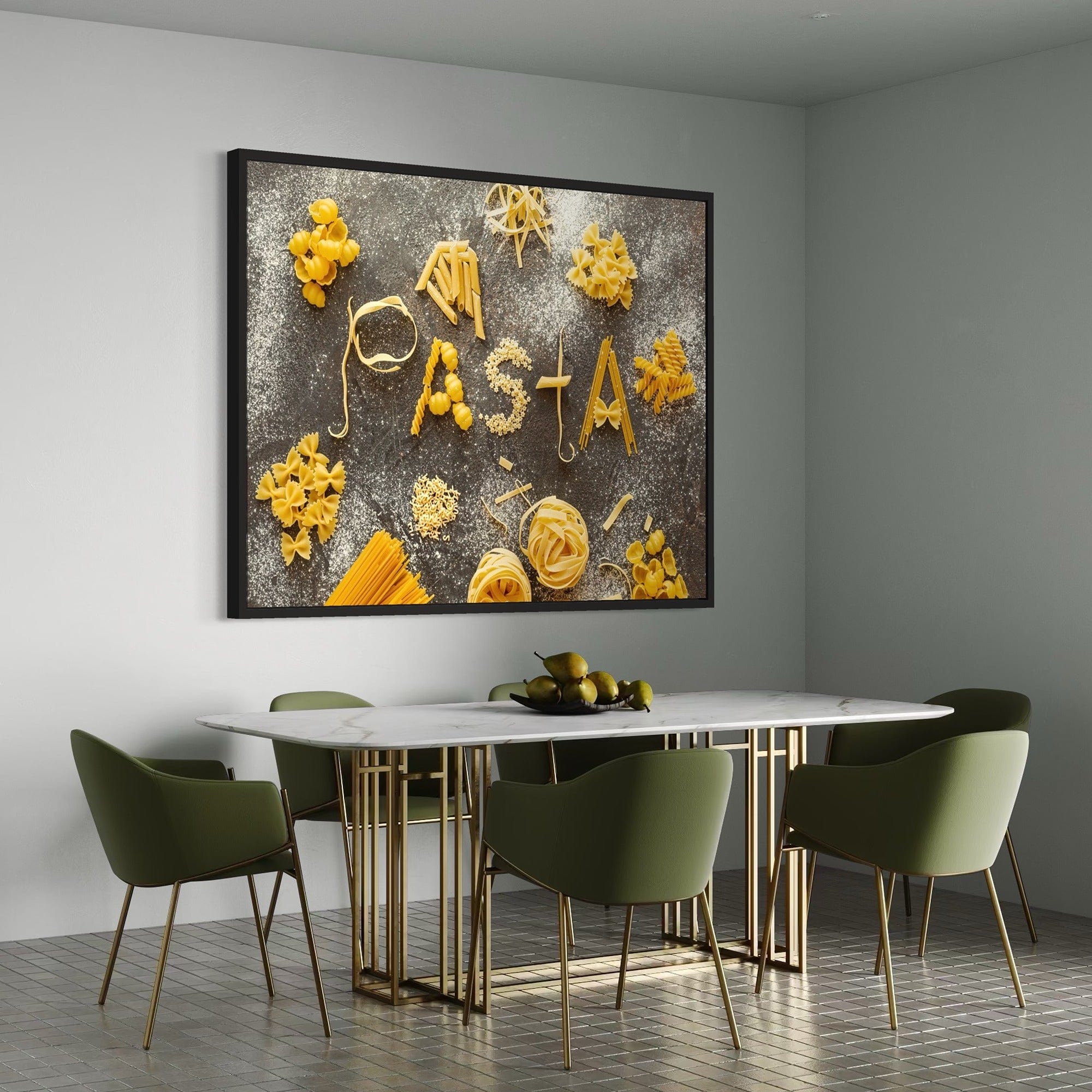 Italian pasta art print for kitchen wall décor, modern food poster with spaghetti and fusilli composition