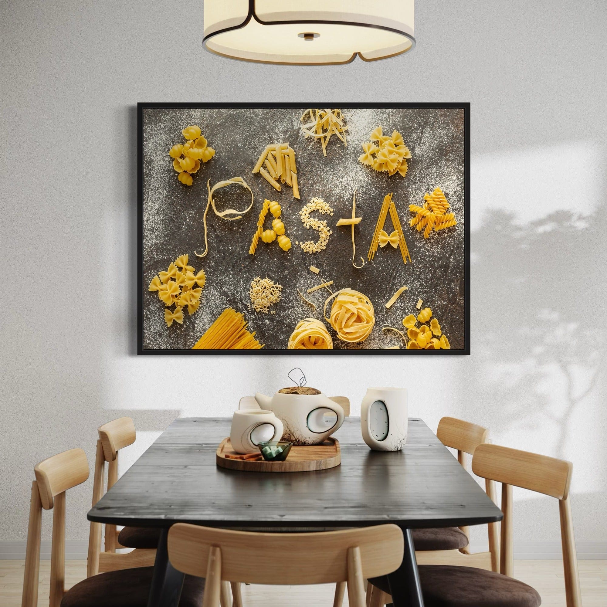 Food photography canvas for kitchen walls featuring assorted pasta shapes and flour texture