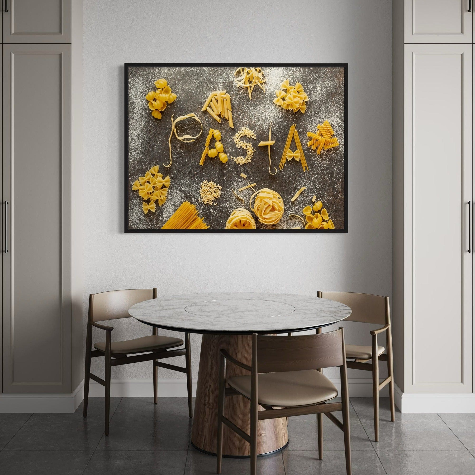 Modern kitchen poster, Italian cuisine pasta arrangement on dark stone, wall art for home cooks