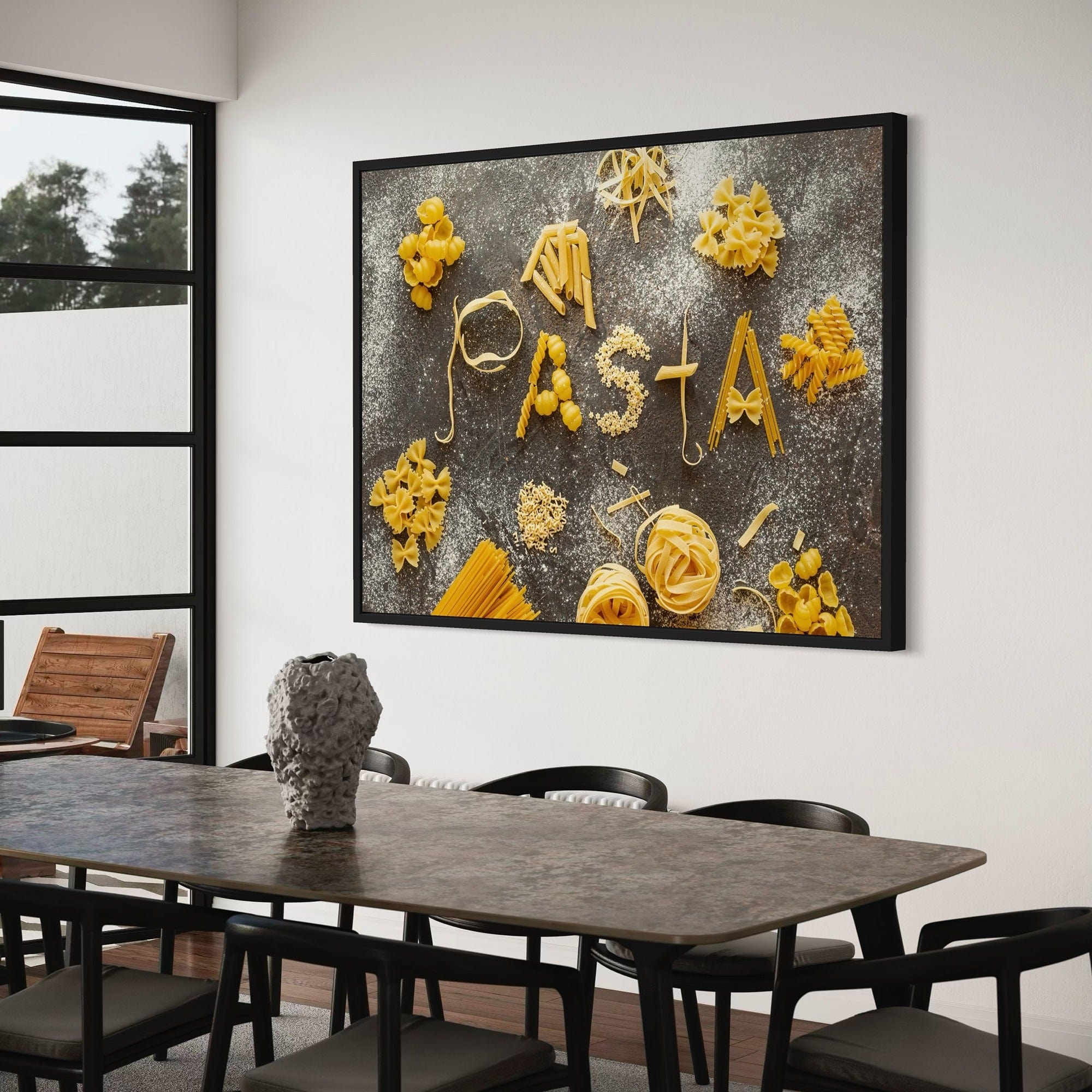 Rustic kitchen wall art canvas with spaghetti, penne, farfalle spelling PASTA, foodie décor