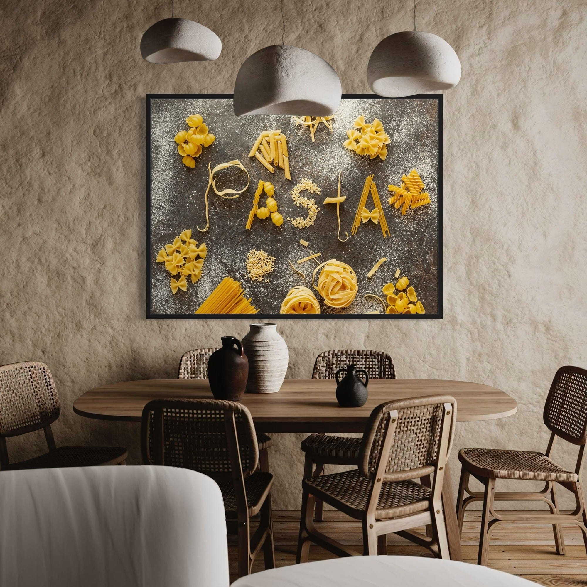 Dining room canvas print with pasta collage, neutral tones, contemporary kitchen decoration