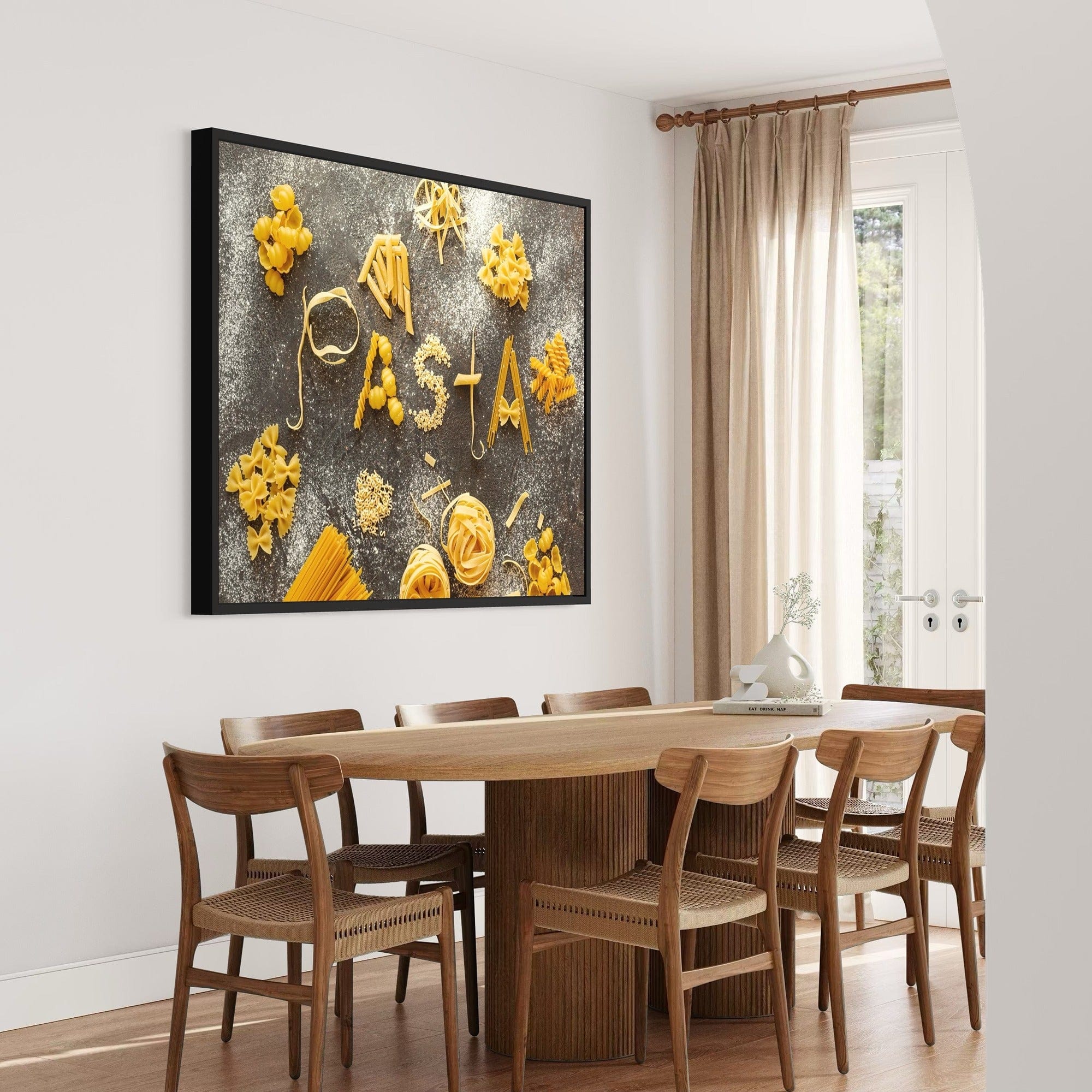 Kitchen decor poster featuring Italian pasta varieties on slate background, culinary wall art