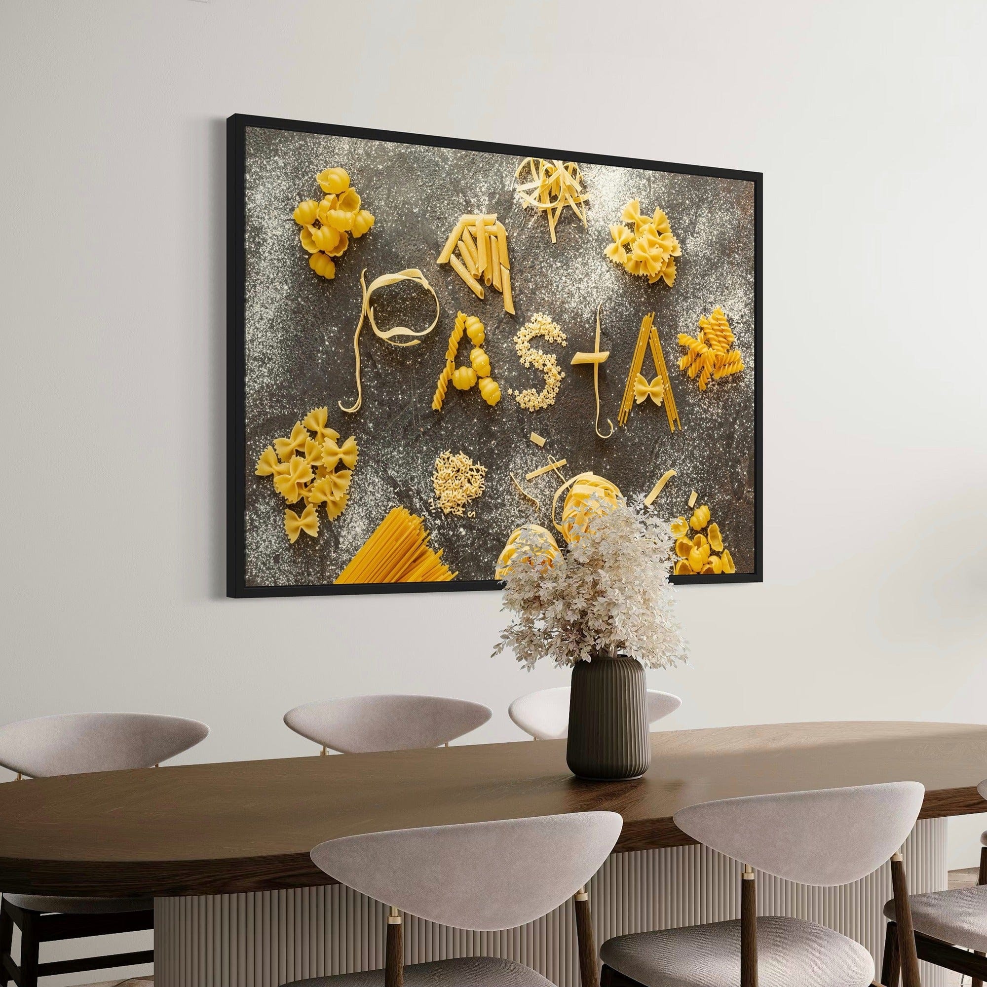 Minimal rustic kitchen canvas, word PASTA formed by noodles, food-themed wall decoration