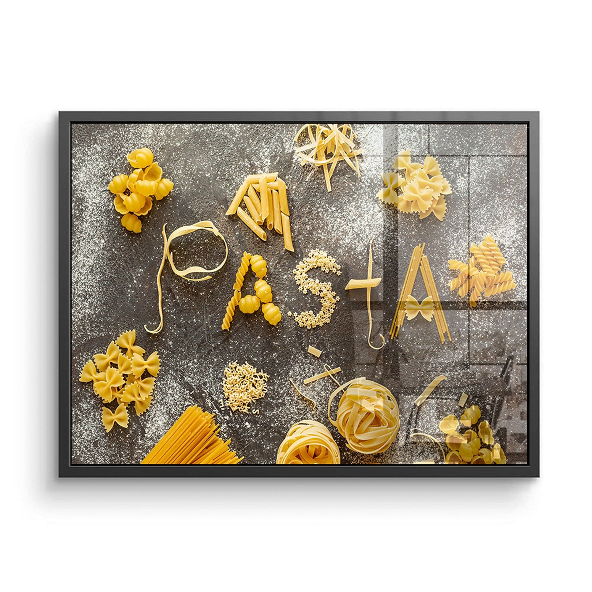 Gourmet kitchen wall art print with pasta assortment and flour dust, Italian cooking poster