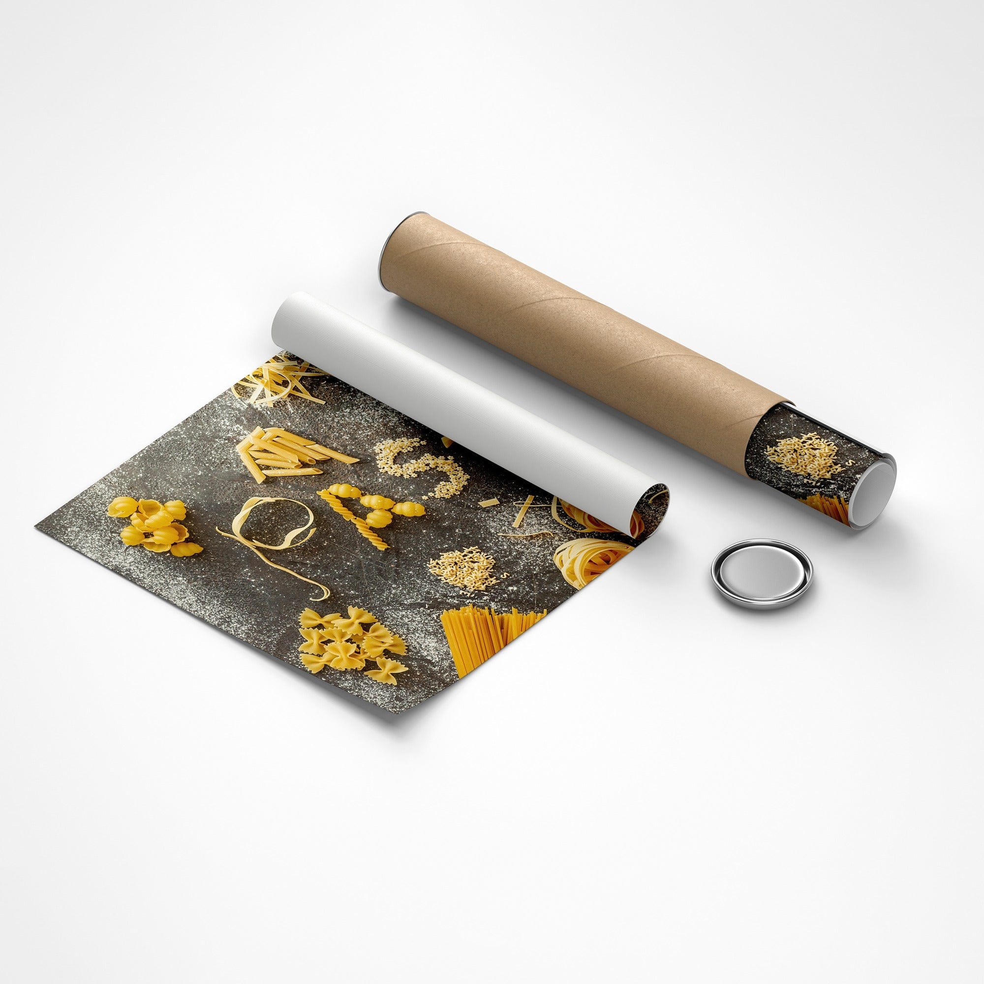 Roll of paper with pasta design and a small round object on a white background