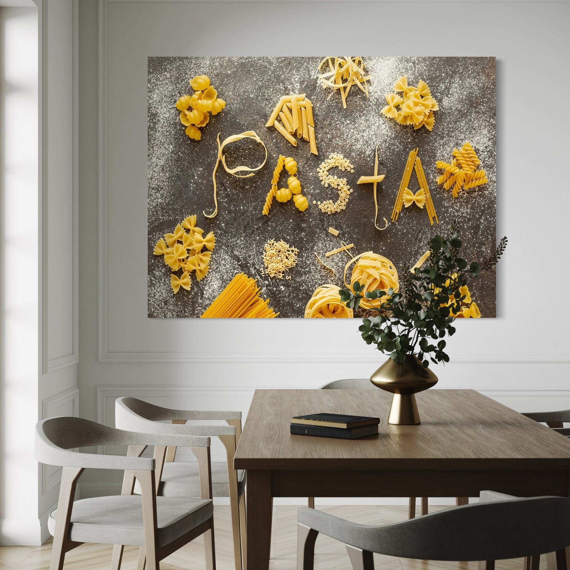 Contemporary kitchen wall decor, pasta collage on dark background, canvas art for home