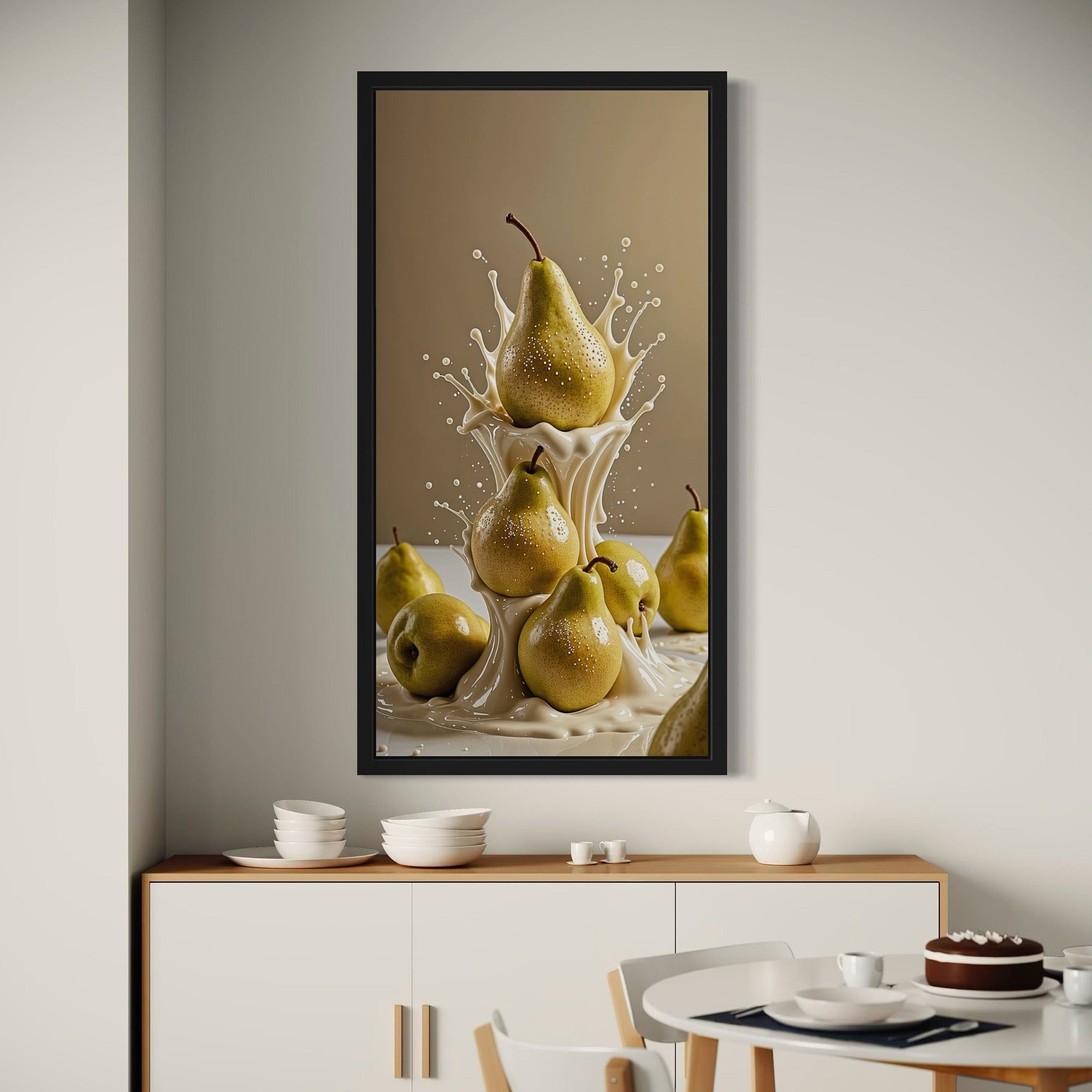 Pear Delight wall art above table — vertical pear splash print in black frame