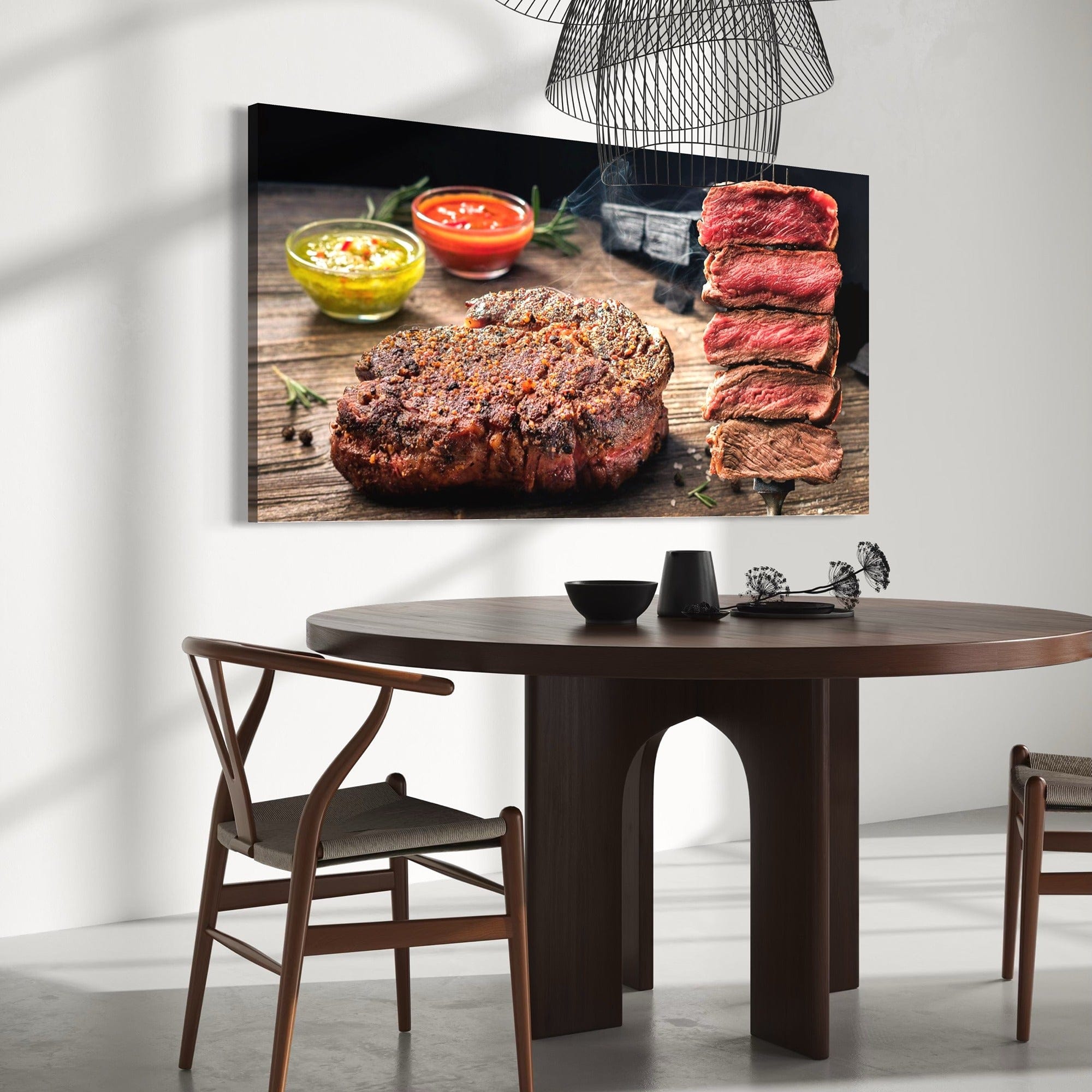 Medium rare steak slices on skewer poster
