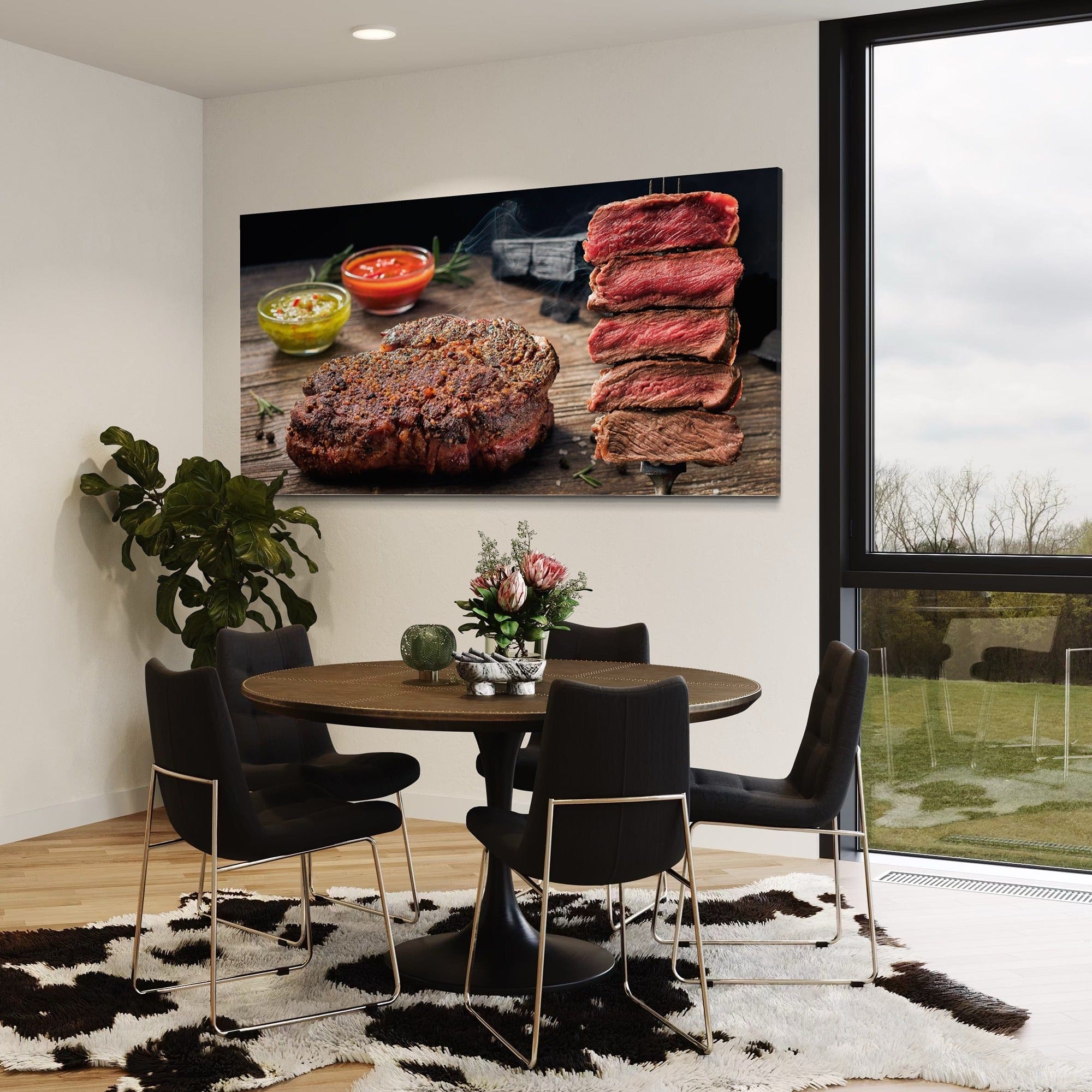 Grilled ribeye with rustic wood background canvas