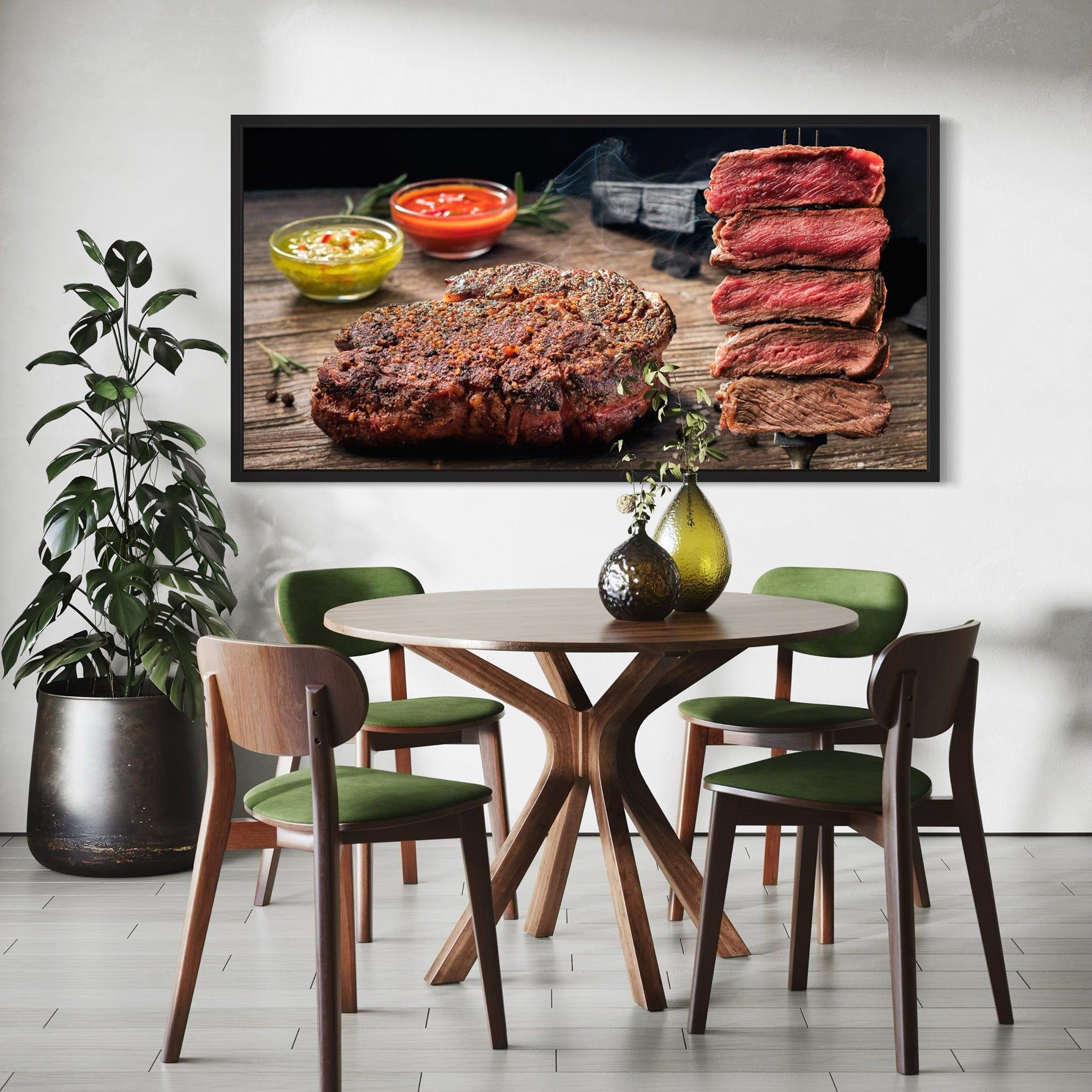 Steakhouse decor wall art with chimichurri and sauce