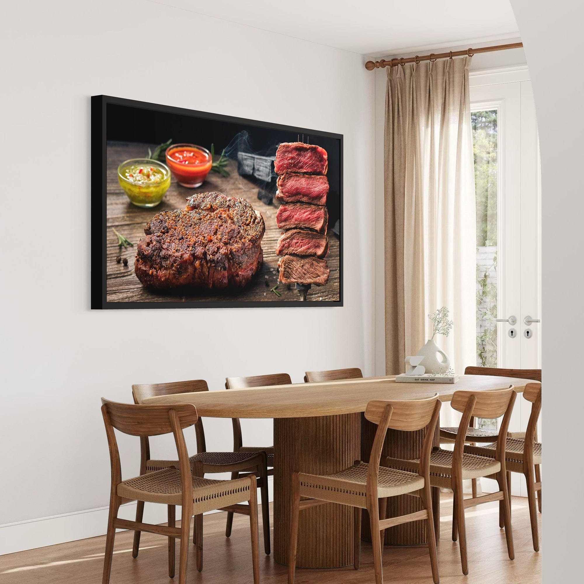 Rustic board steak and dipping sauces picture