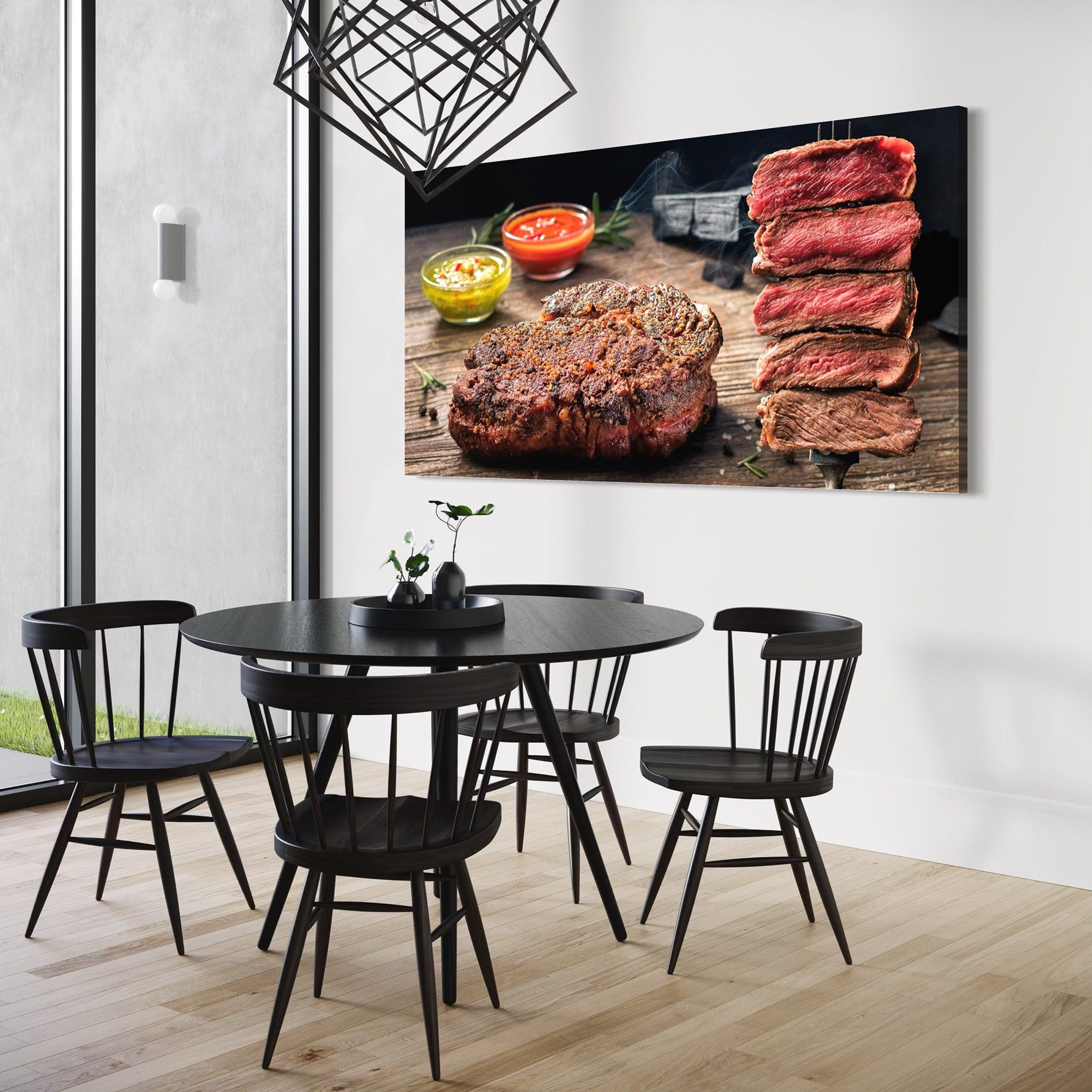 Culinary meat art with herbs and smoke print