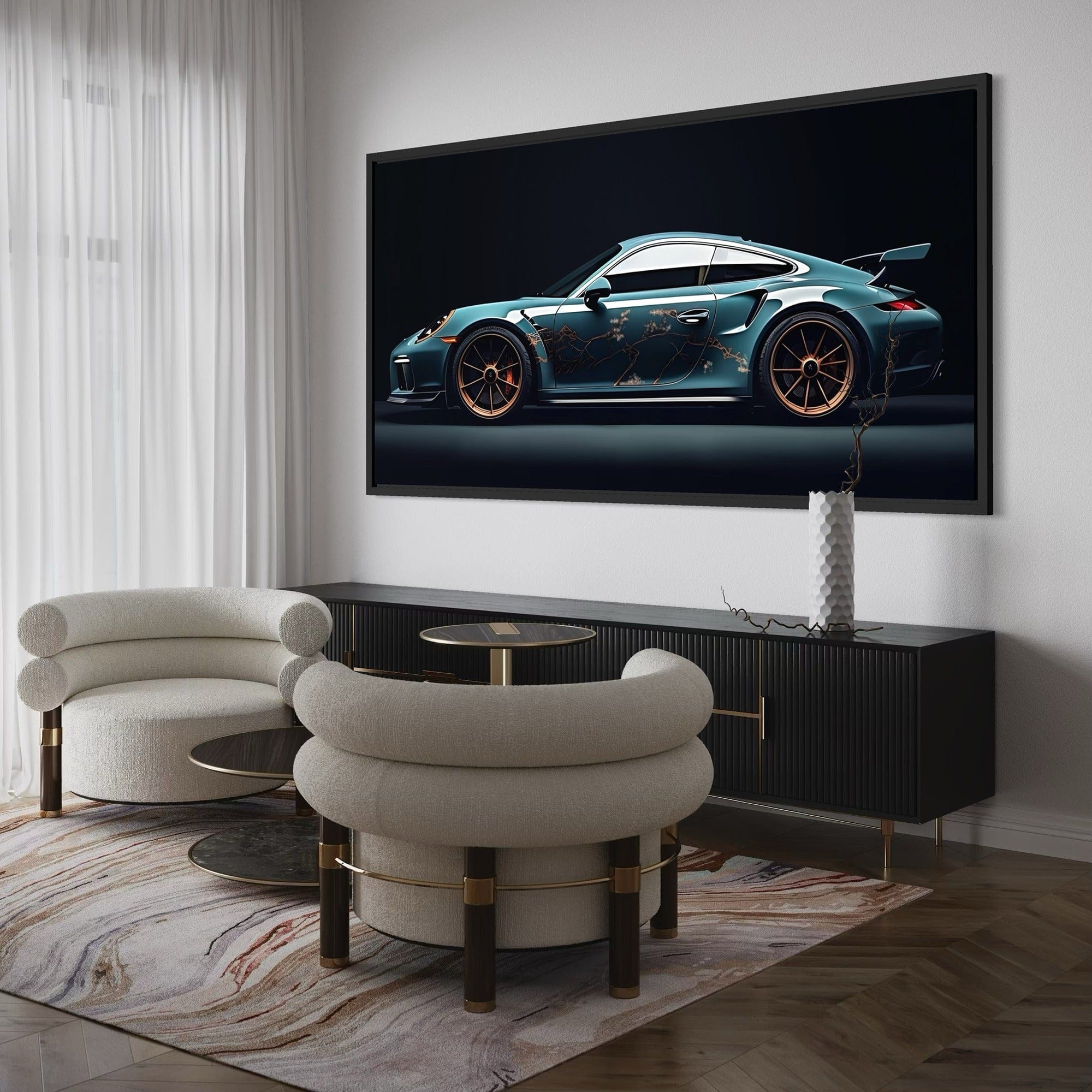 teal porsche with bronze wheels