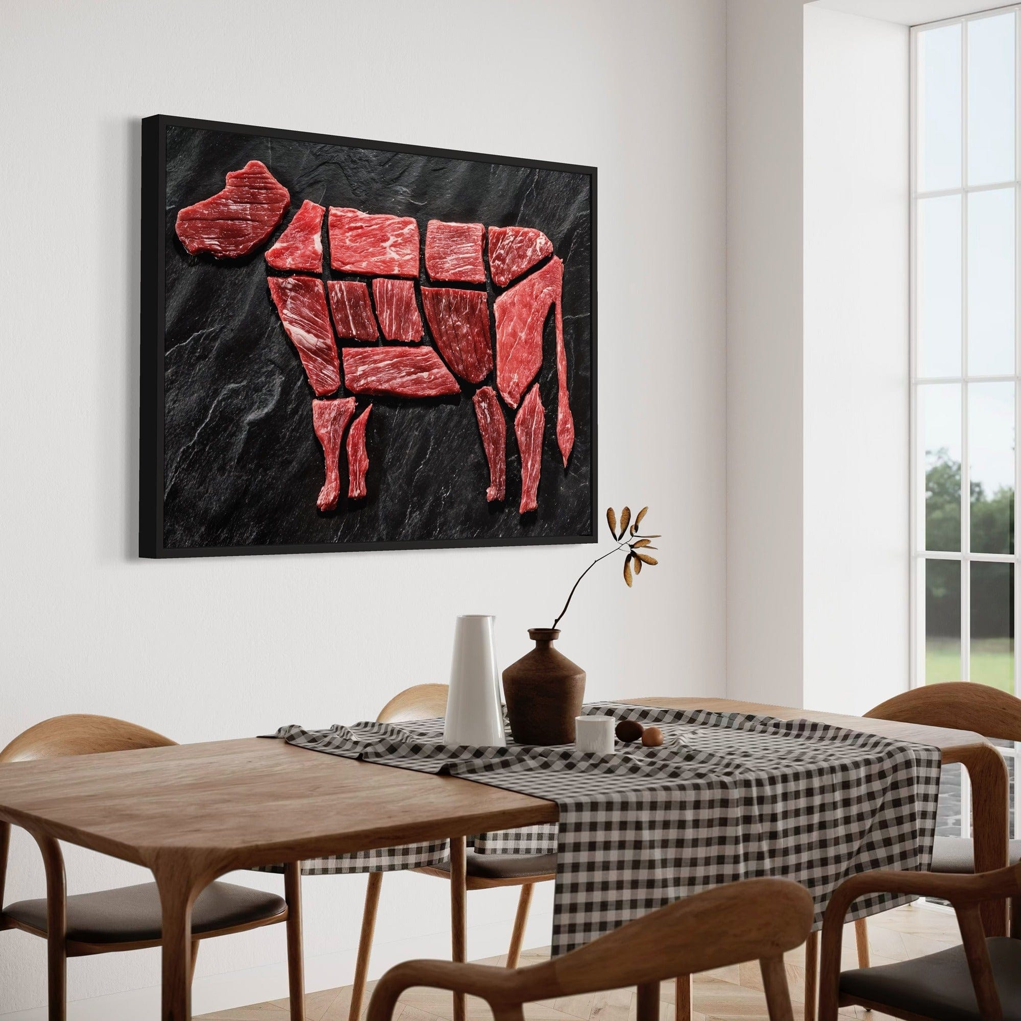 Red beef pieces on slate background canvas